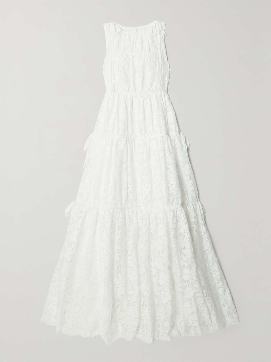 isla tie-detailed tiered cotton-blend lace gown