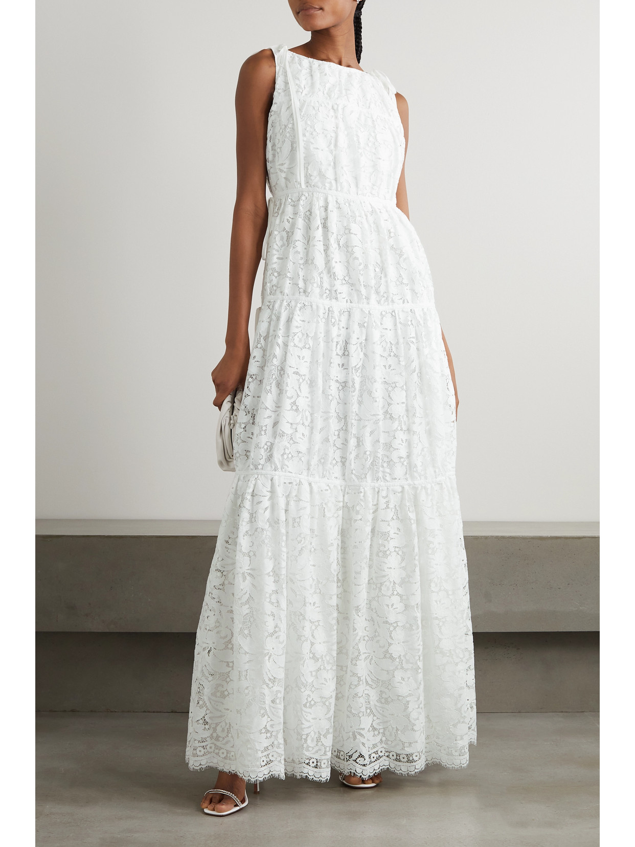 Shop Erdem Isla Tie-detailed Tiered Cotton-blend Lace Gown In White