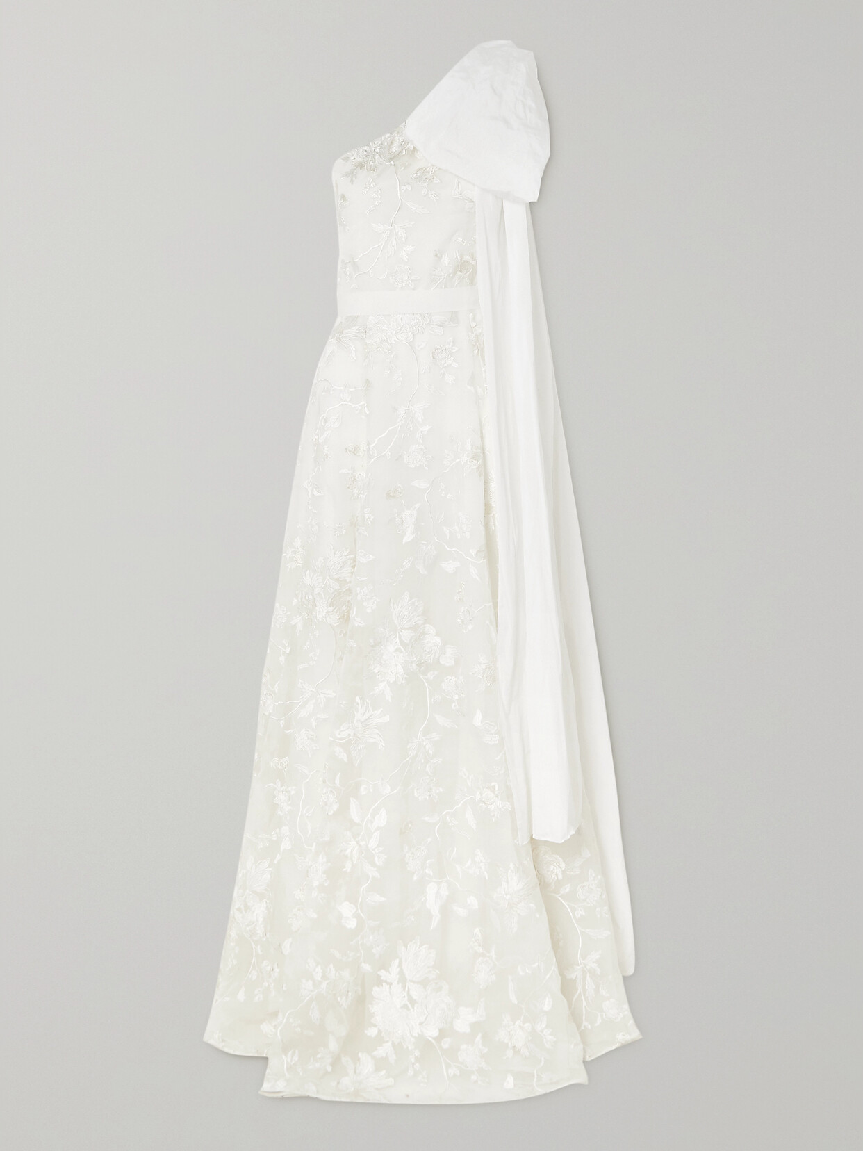 Erdem One-shoulder Poplin-trimmed Embroidered Organza Gown In Neutrals