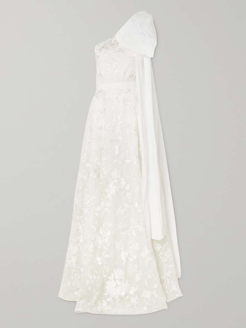Erdem One-shoulder Poplin-trimmed Embroidered Organza Gown - UK 16