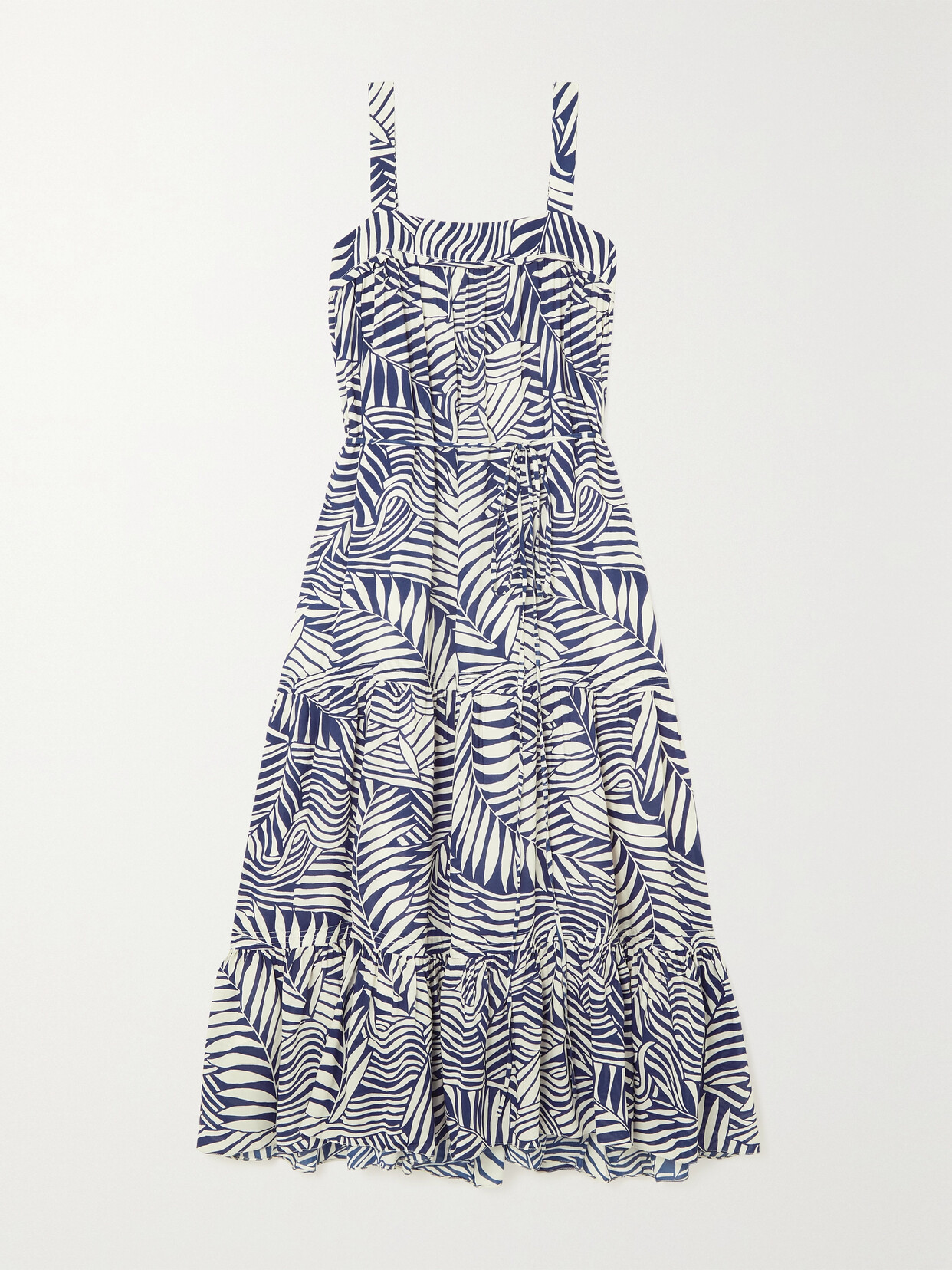 lemlem - Palm Leaf Sweepy Tiered Printed Ecovero Voile Midi Dress - Blue