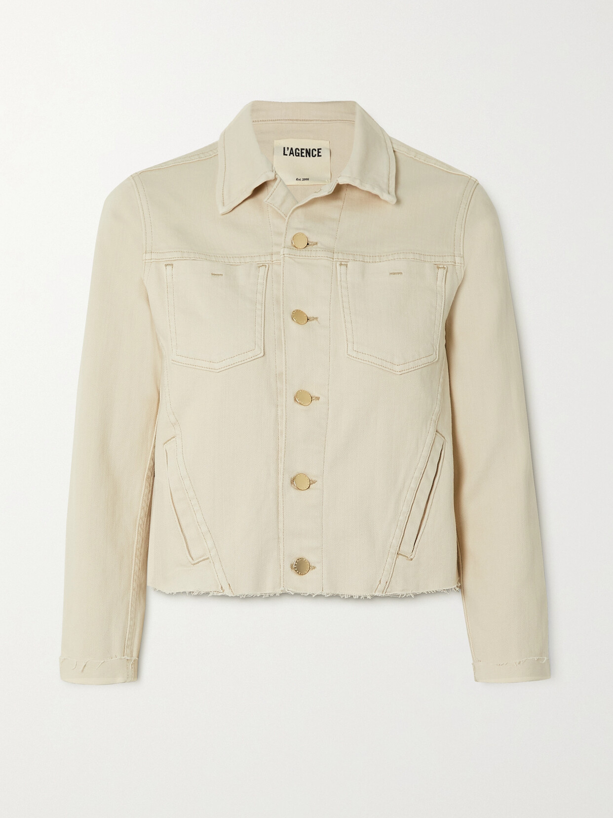 L'agence Janelle Cropped Frayed Stretch-denim Jacket In Coconut Coco