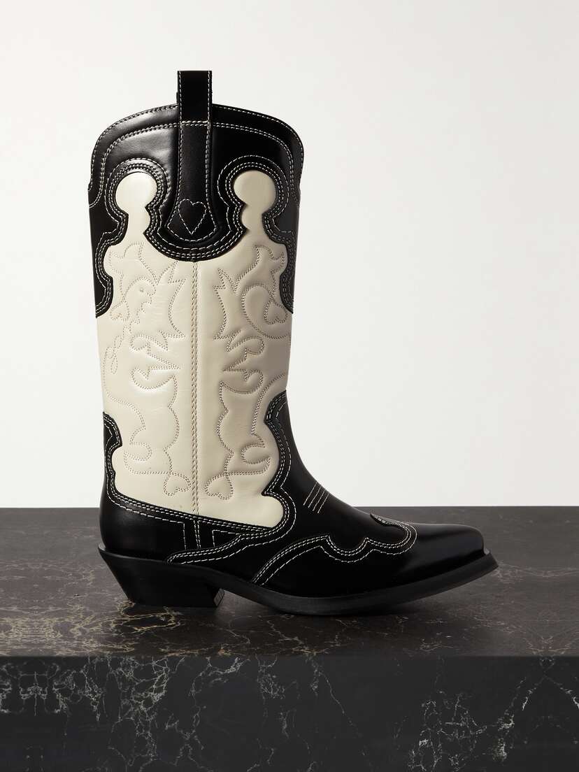 Ganni Embroidered Two-tone Leather Cowboy Boots