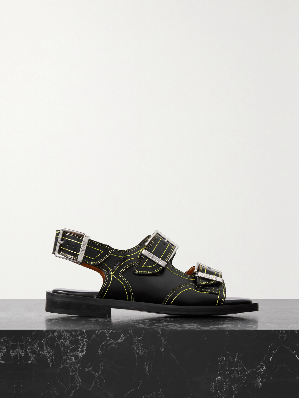 GANNI - Topstitched Leather Sandals - Black