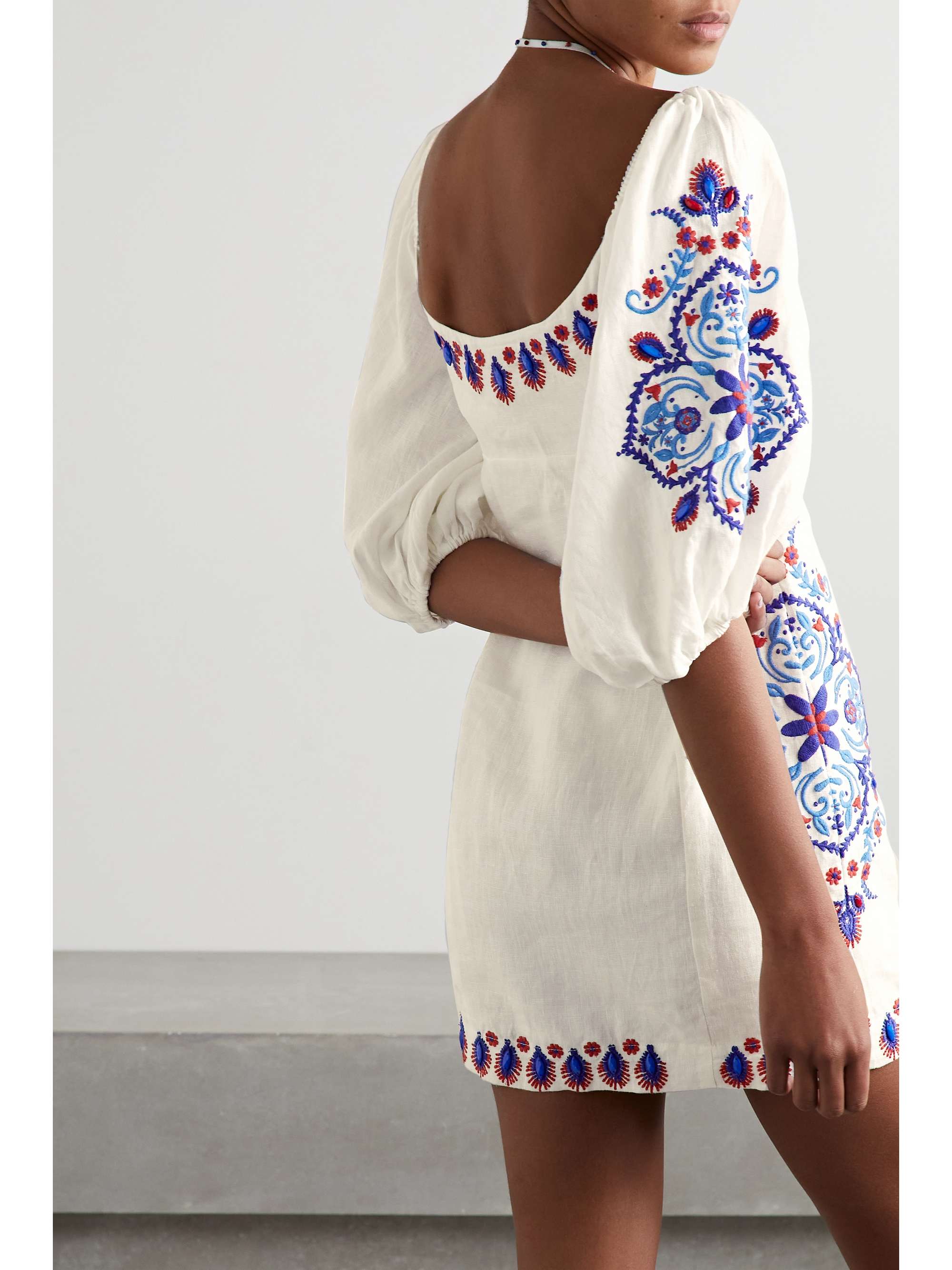 FARM RIO Embellished embroidered linenblend mini dress NETAPORTER