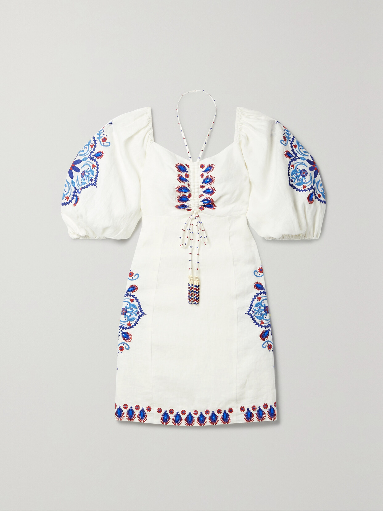 FARM RIO EMBELLISHED EMBROIDERED LINEN-BLEND MINI DRESS