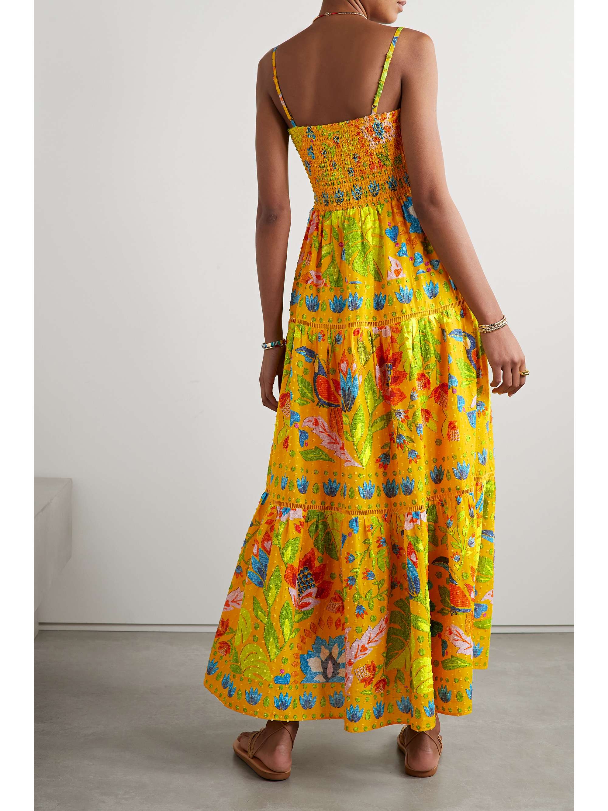 FARM RIO Tiered crochet-trimmed printed fil coupé cotton maxi dress