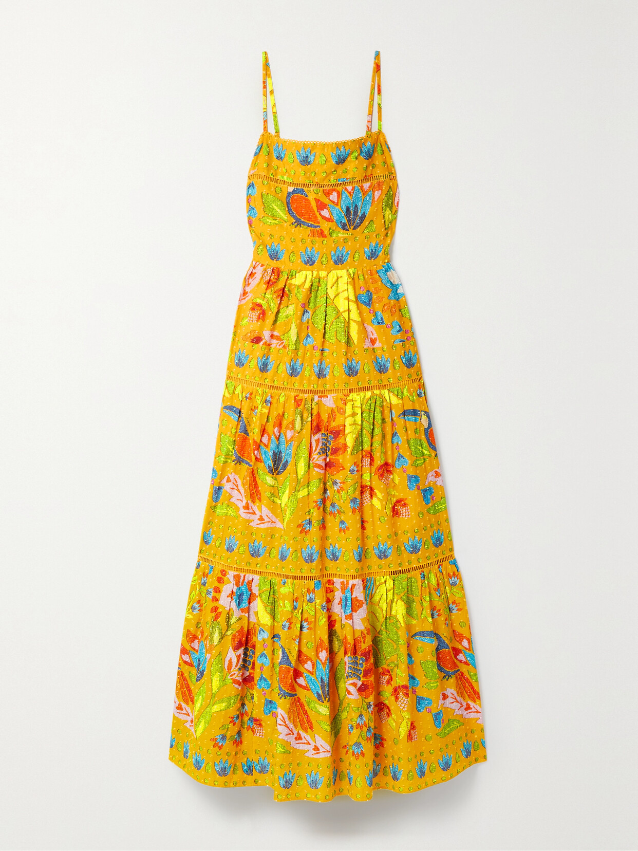 Farm Rio - Tiered Crochet-trimmed Printed Fil Coupé Cotton Maxi Dress - Yellow