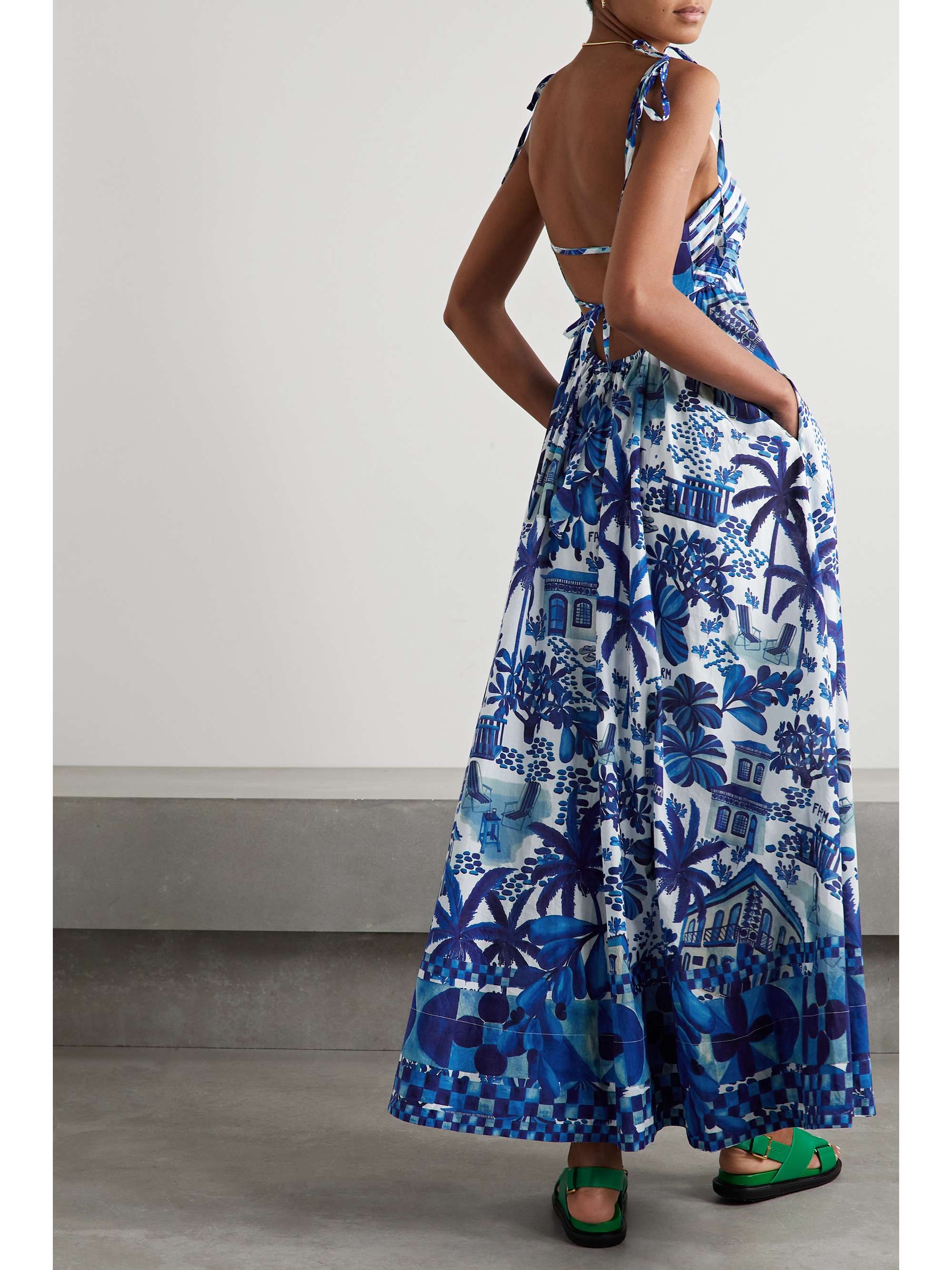 FARM RIO Printed cotton-voile halterneck maxi dress