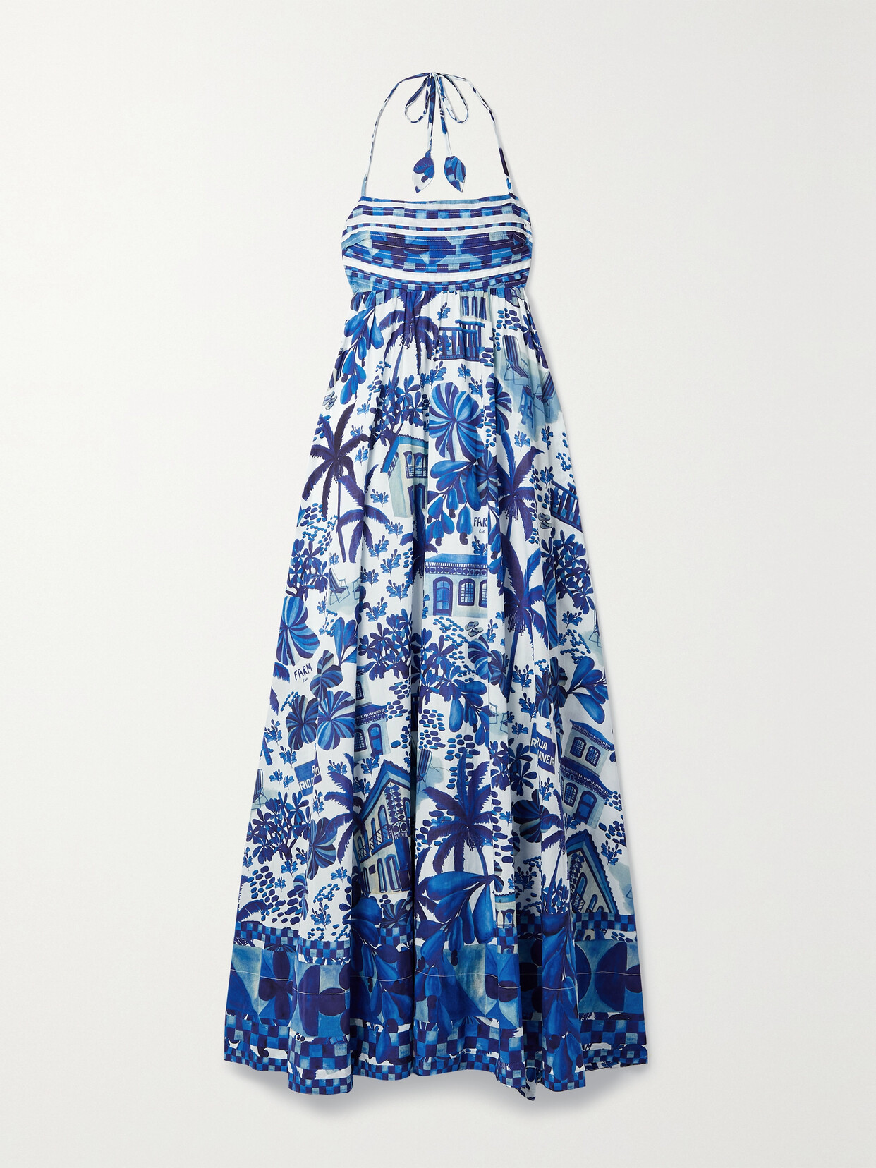 Farm Rio - Printed Cotton-voile Halterneck Maxi Dress - Blue