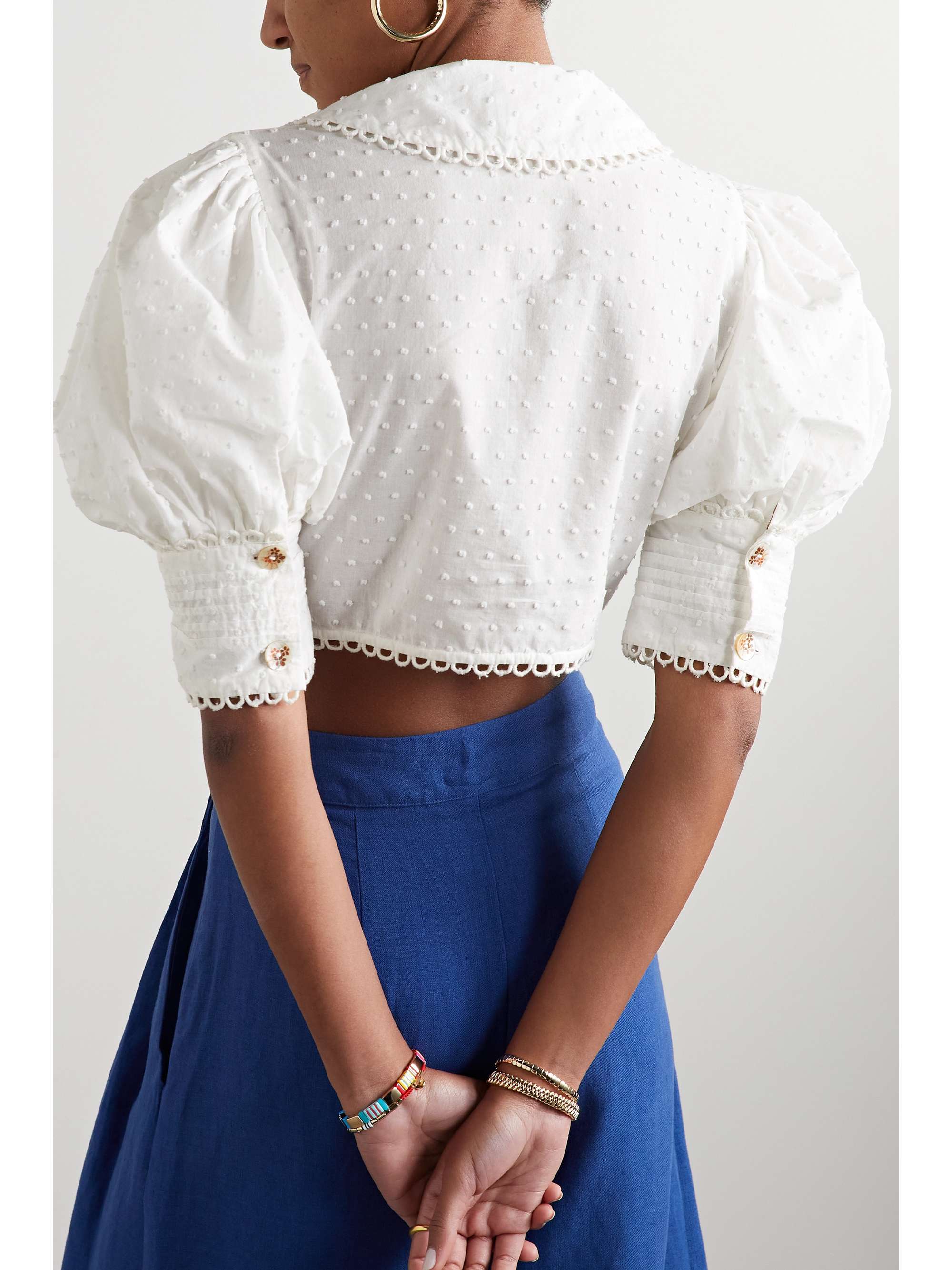 FARM RIO Cropped crochet and lace-trimmed fil coupé cotton top