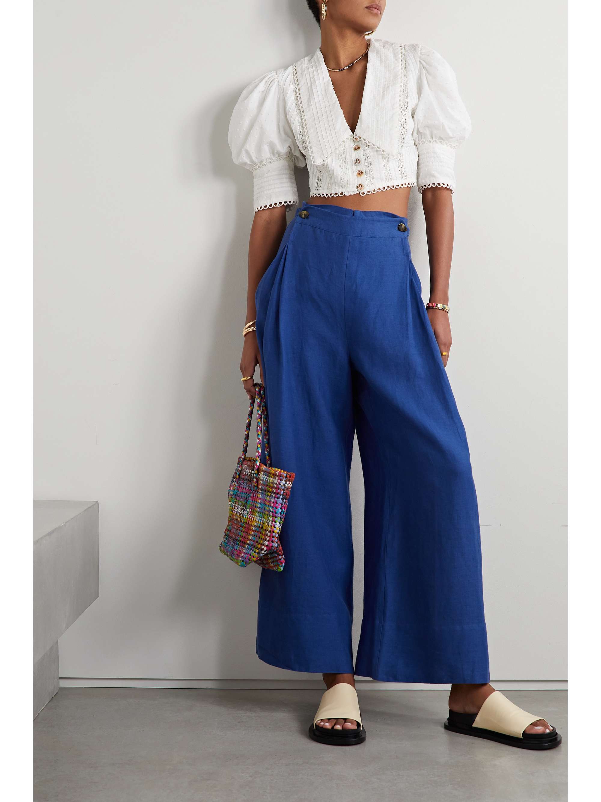 FARM RIO Cropped crochet and lace-trimmed fil coupé cotton top