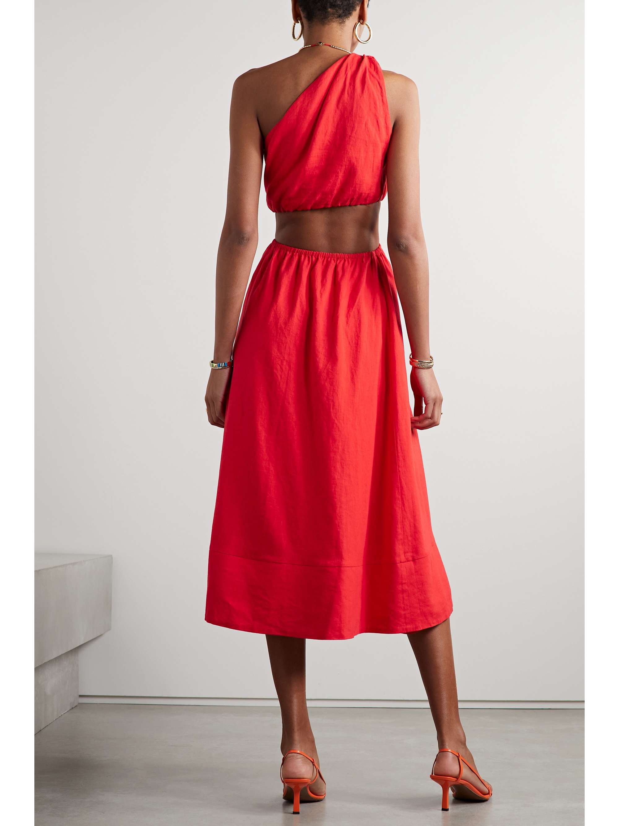 FARM RIO One-shoulder cutout linen-blend midi dress