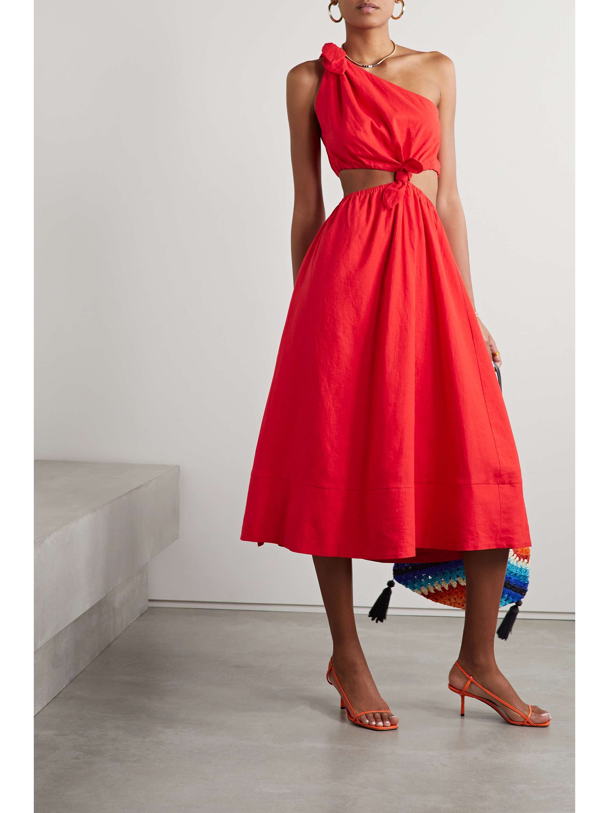 FARM RIO One-shoulder cutout linen-blend midi dress