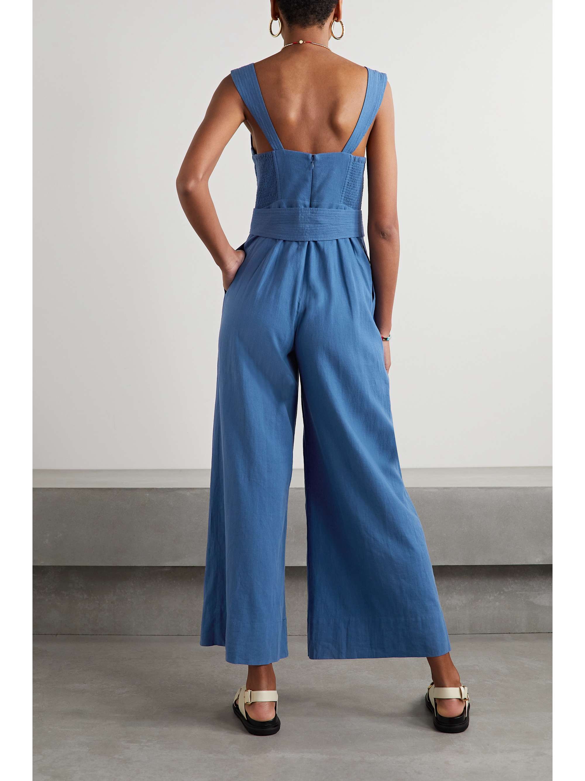 FARM RIO Belted pleated linen-blend jumpsuit