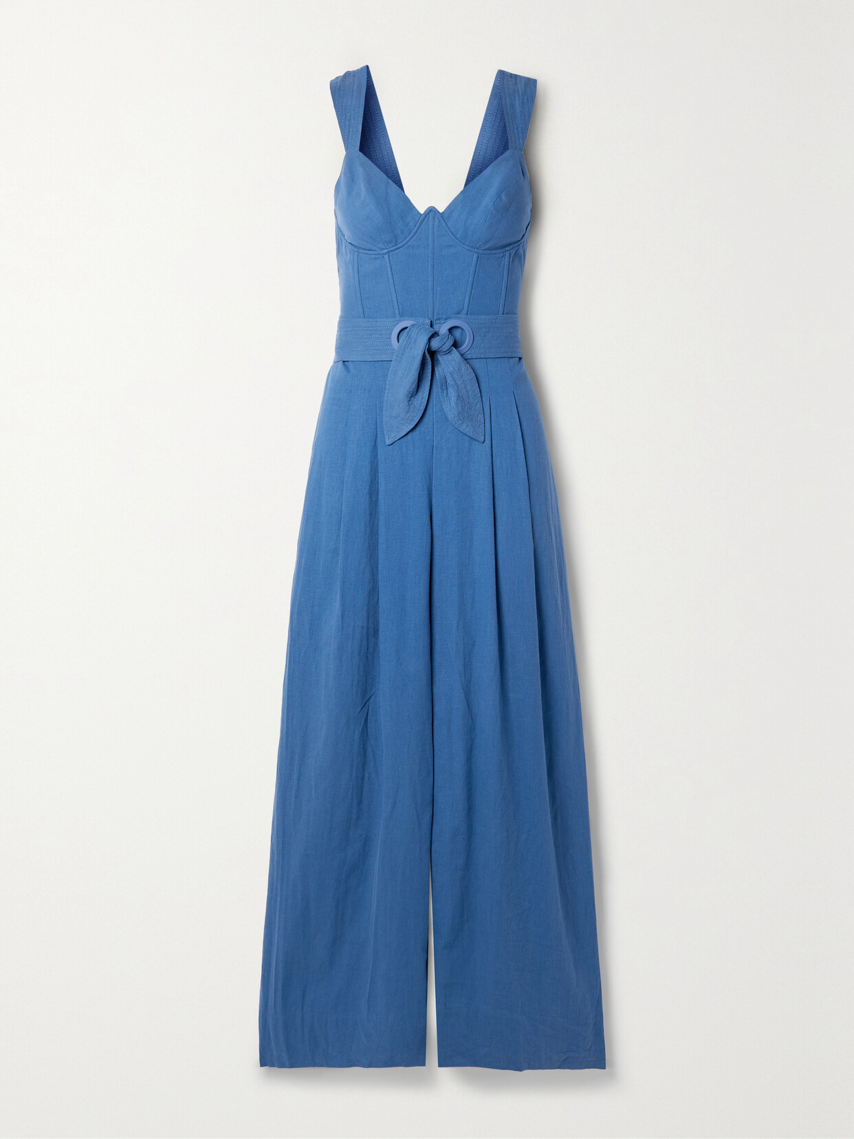 Farm Rio - Belted Pleated Linen-blend Jumpsuit - Blue