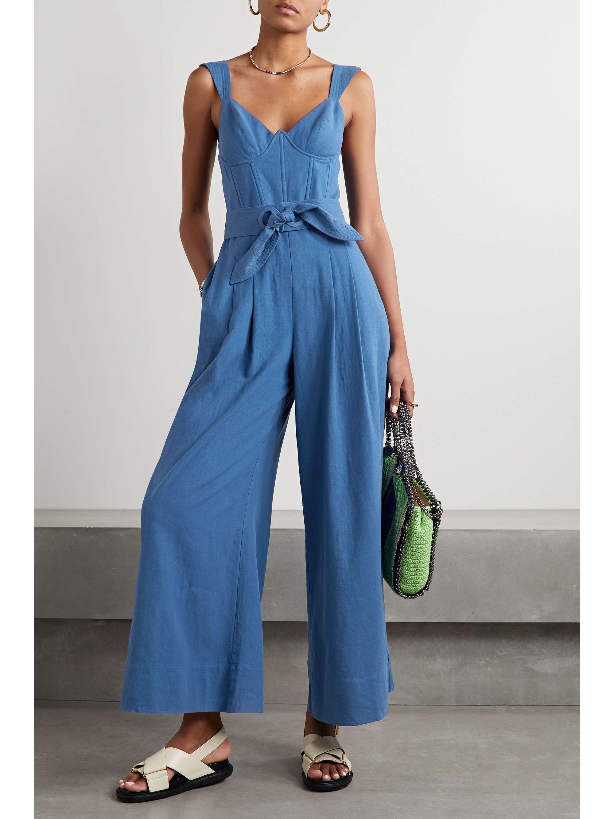 FARM RIO Belted pleated linen-blend jumpsuit