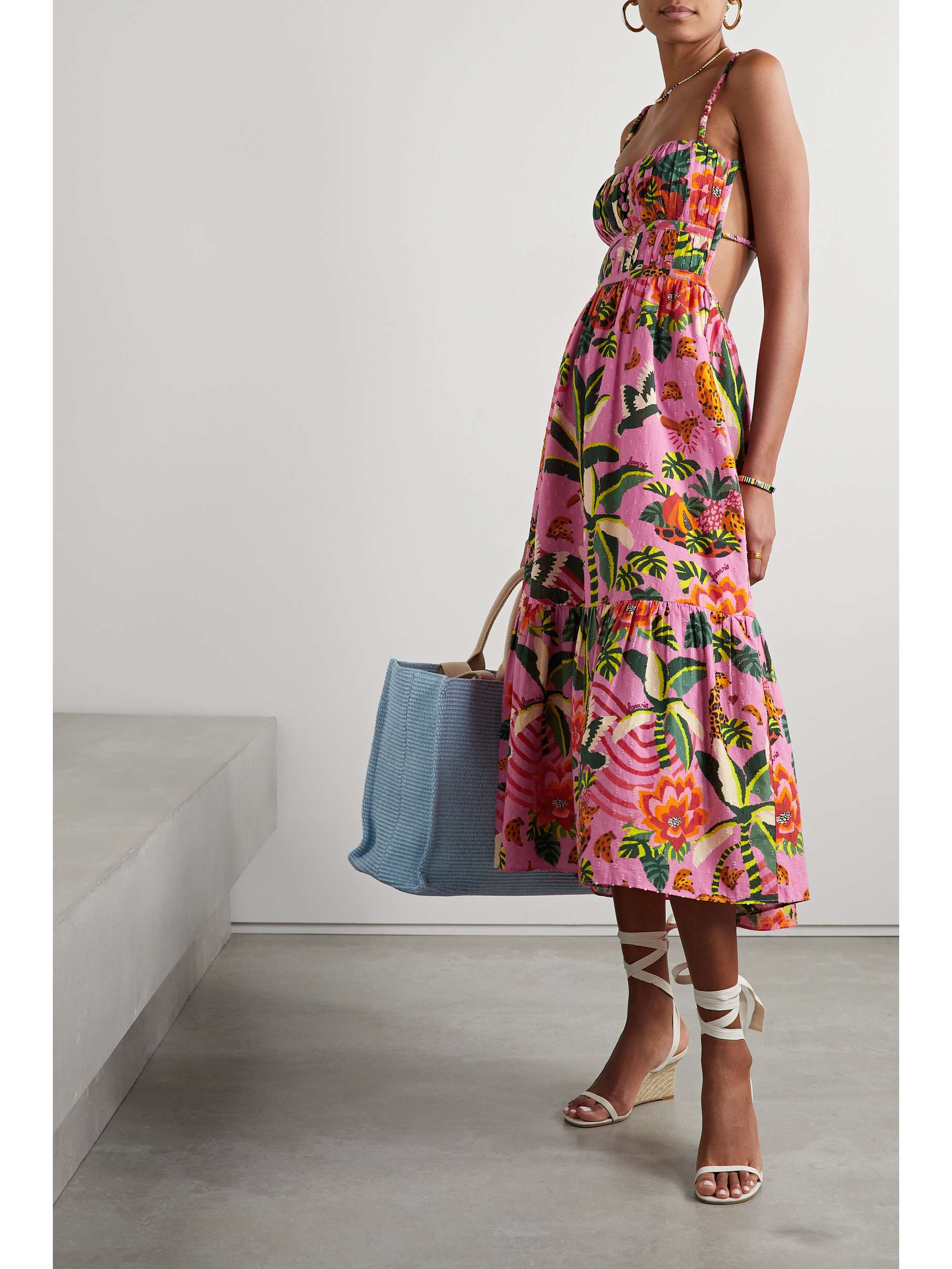 FARM RIO Pleated printed fil coupé cotton maxi dress
