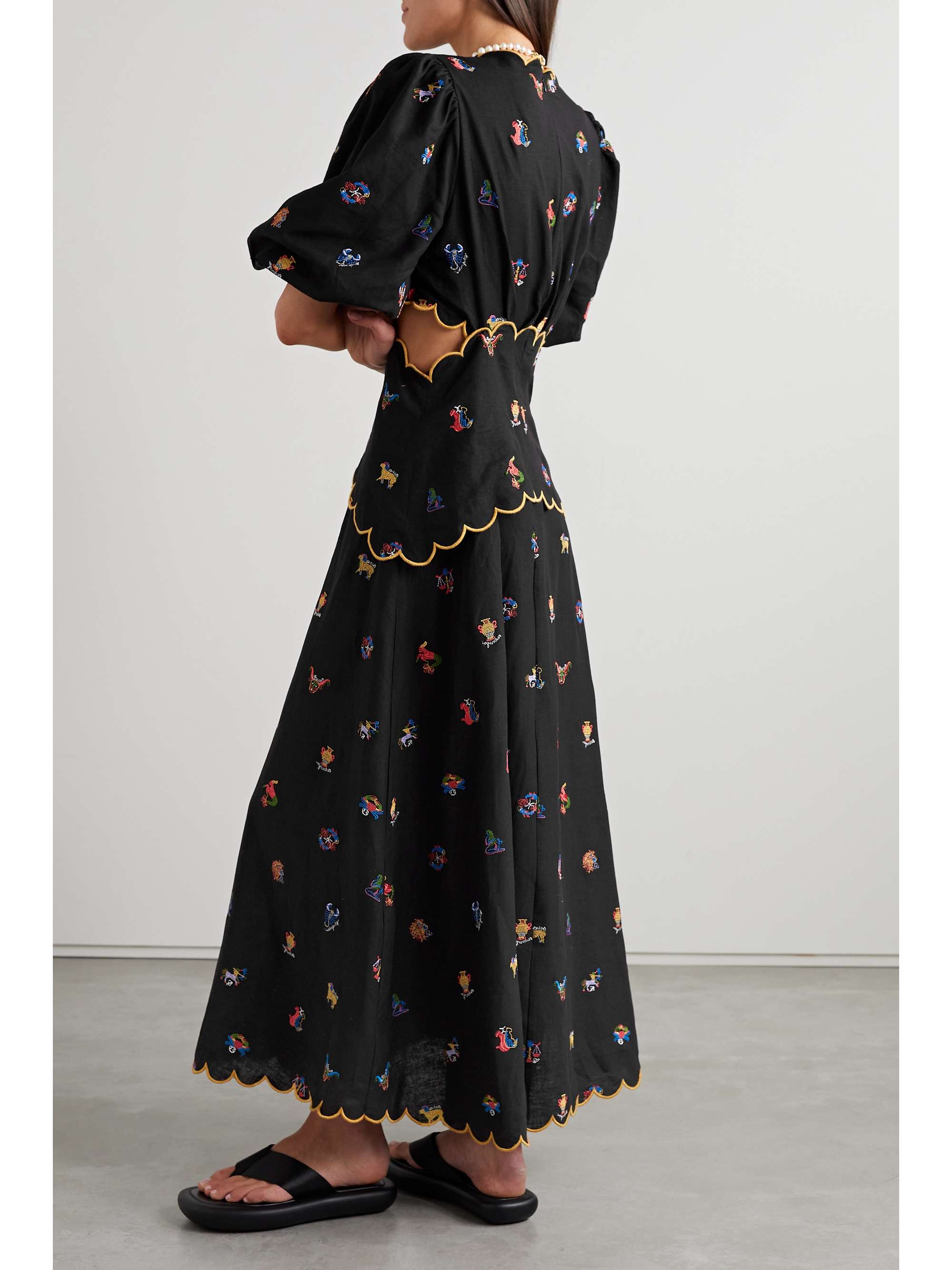FARM RIO Cutout scalloped embroidered linen-blend midi dress