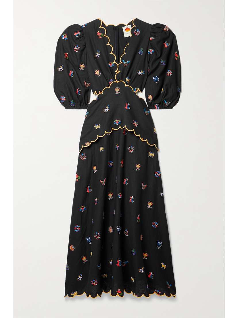 Farm Rio Cutout Scalloped Embroidered Linen-blend Midi Dress - xx large