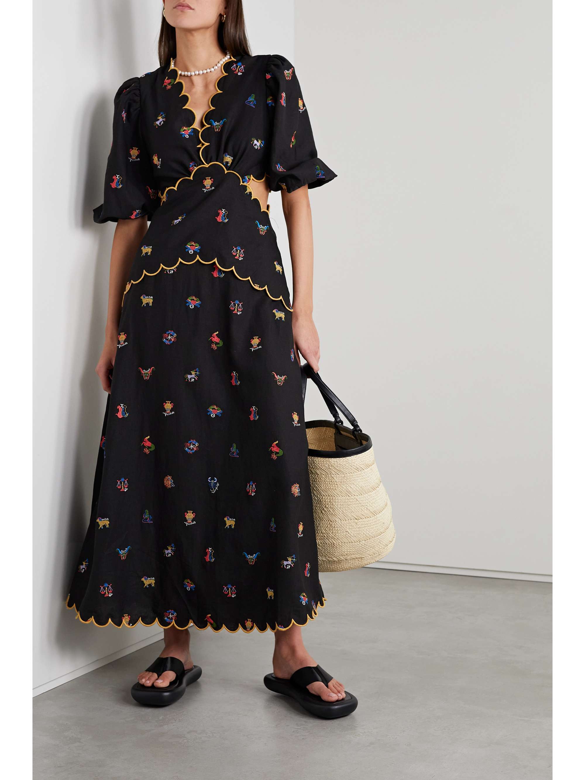 FARM RIO Cutout scalloped embroidered linen-blend midi dress