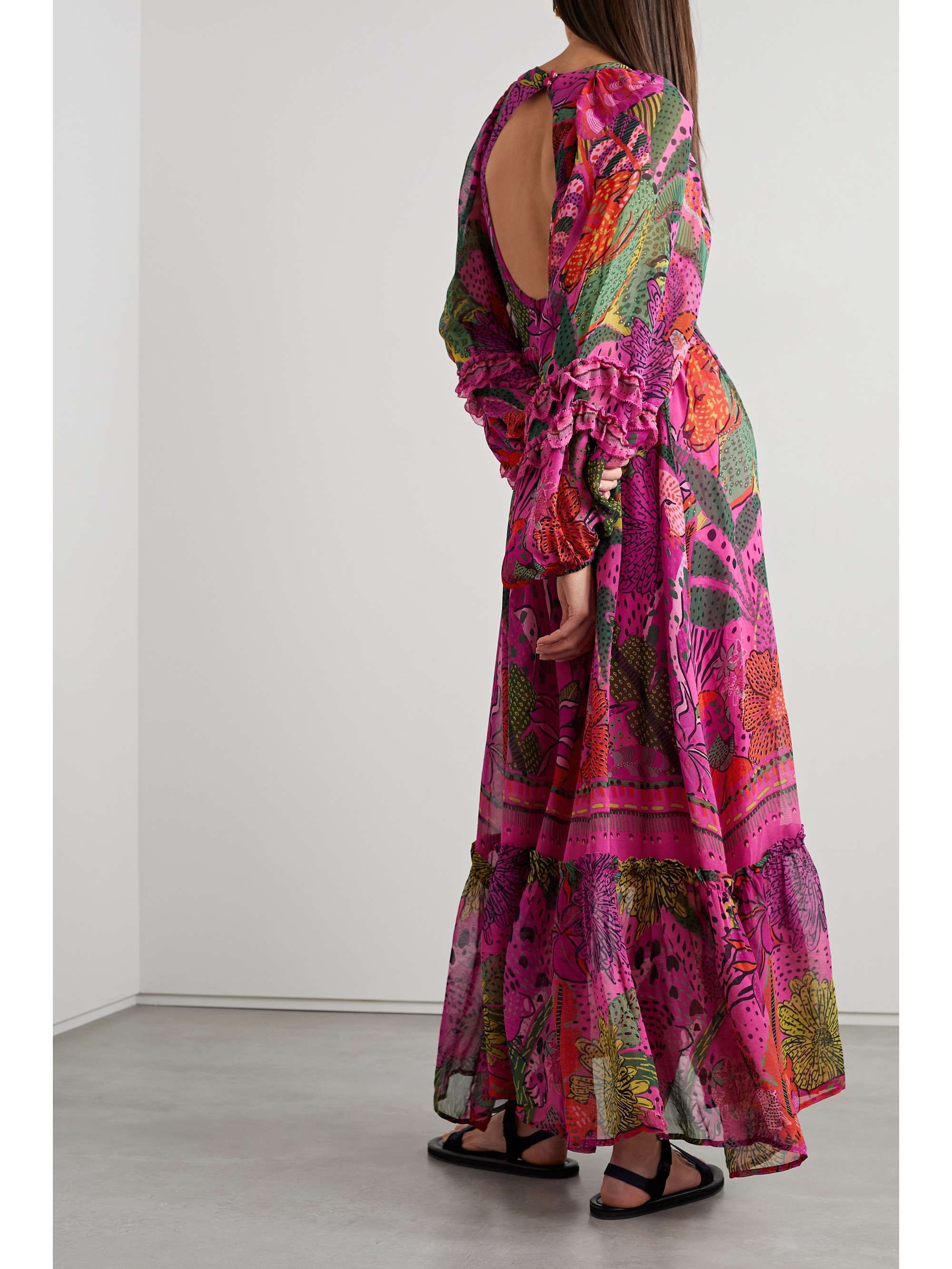 FARM RIO Open-back ruffled printed georgette maxi dress