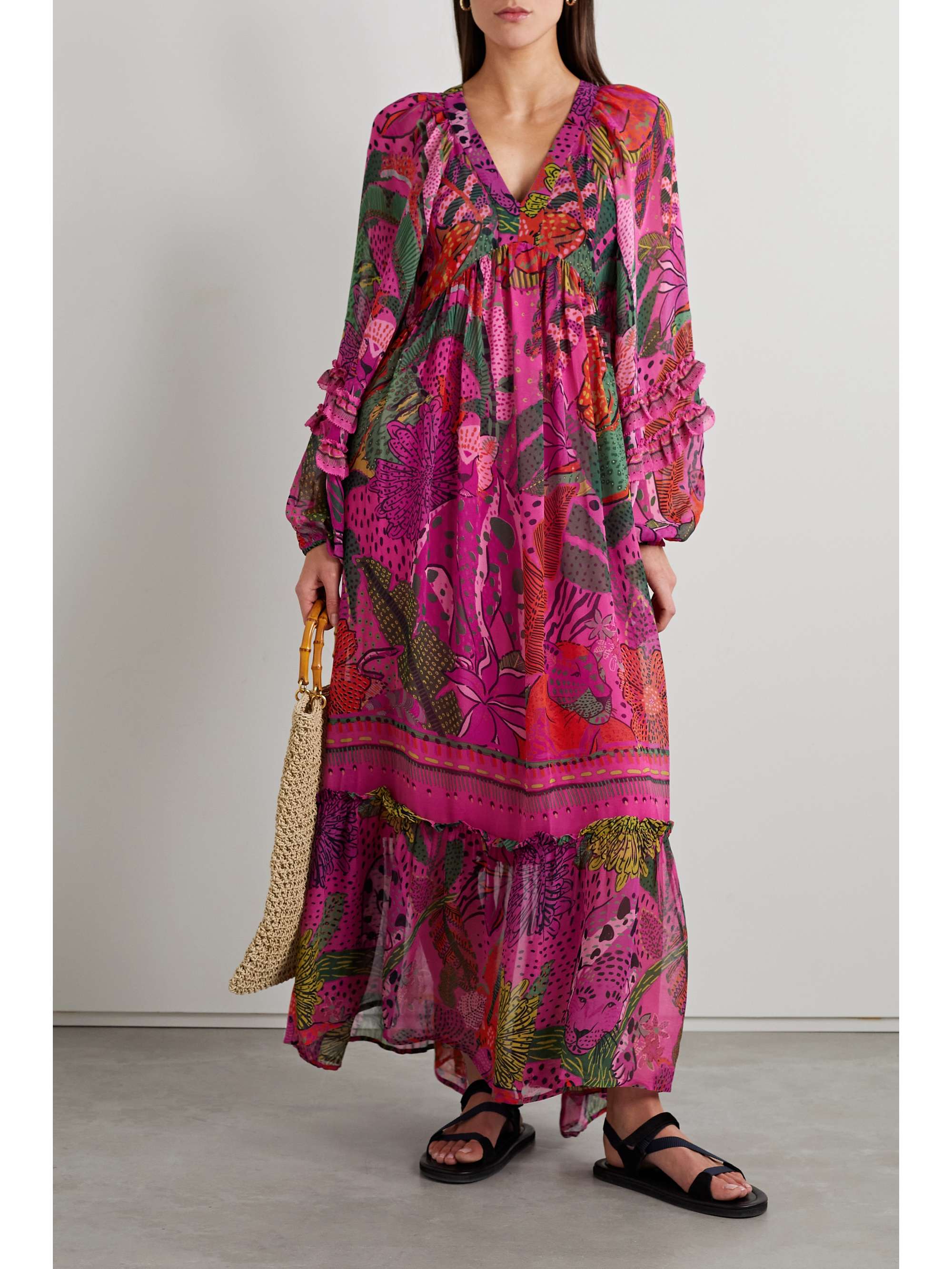 FARM RIO Open-back ruffled printed georgette maxi dress