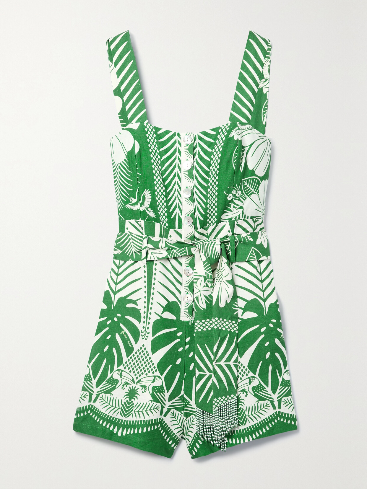 Farm Rio - Belted Bead-embellished Printed Linen-blend Playsuit - Green