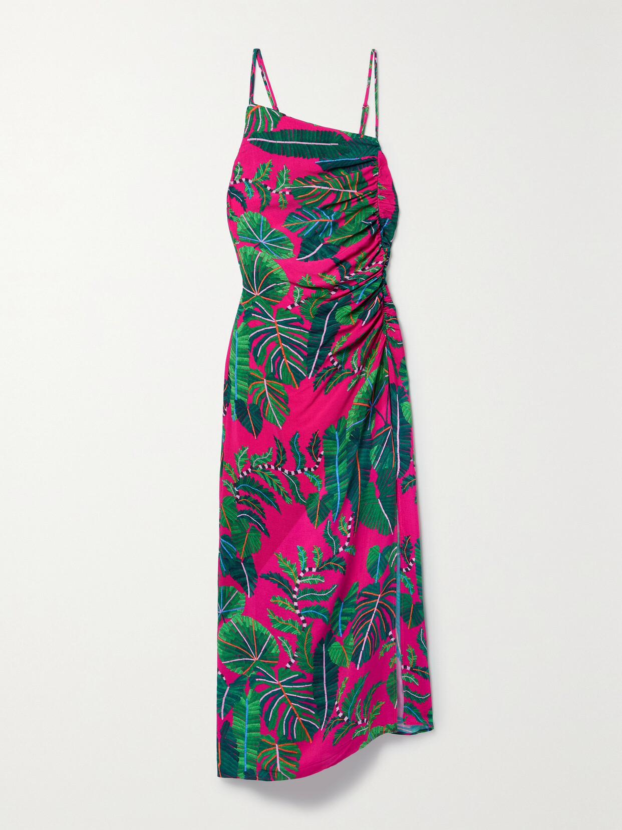 Farm Rio Gathered Printed Crepe Midi Dress