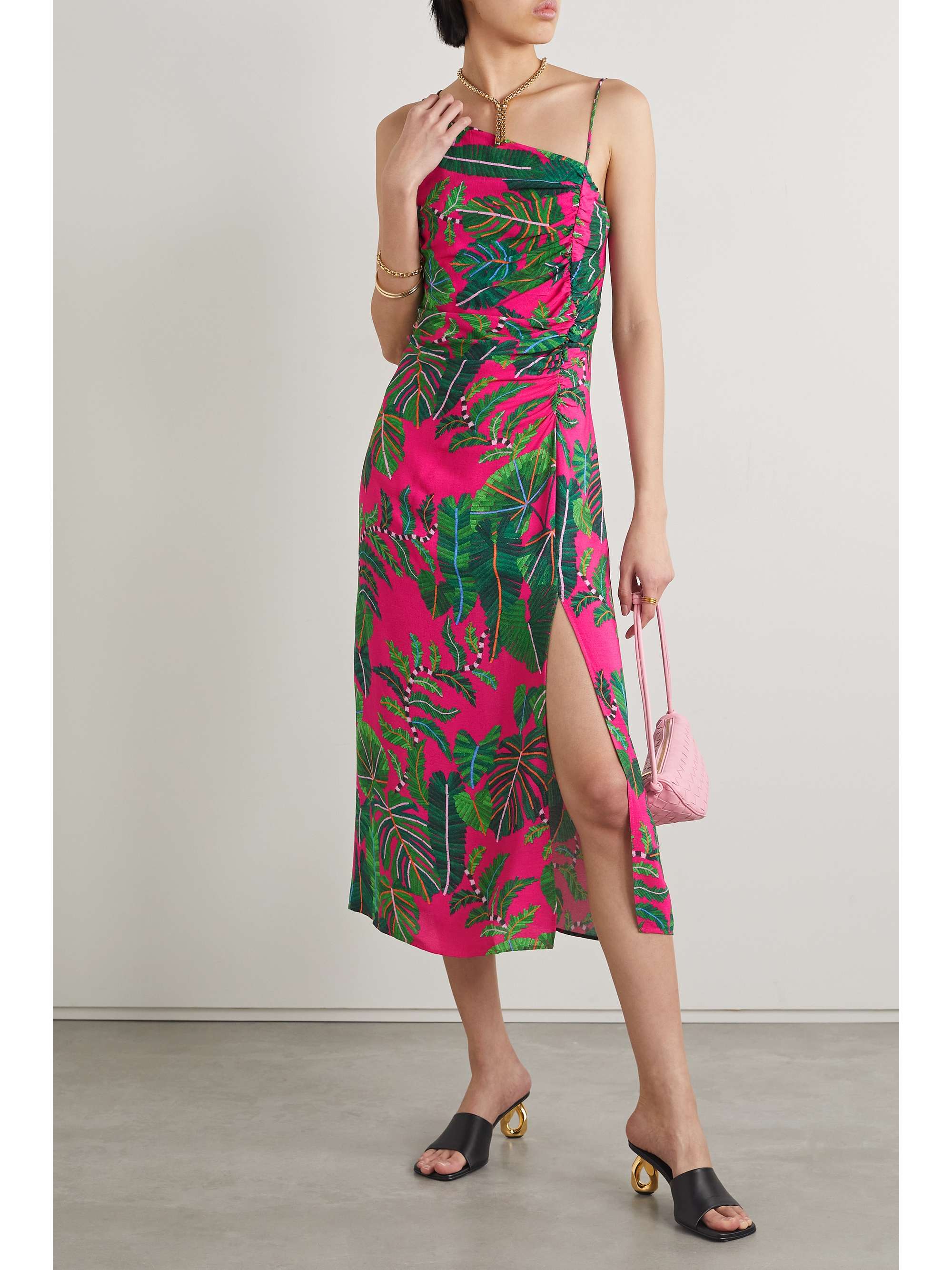 FARM RIO Gathered printed crepe midi dress