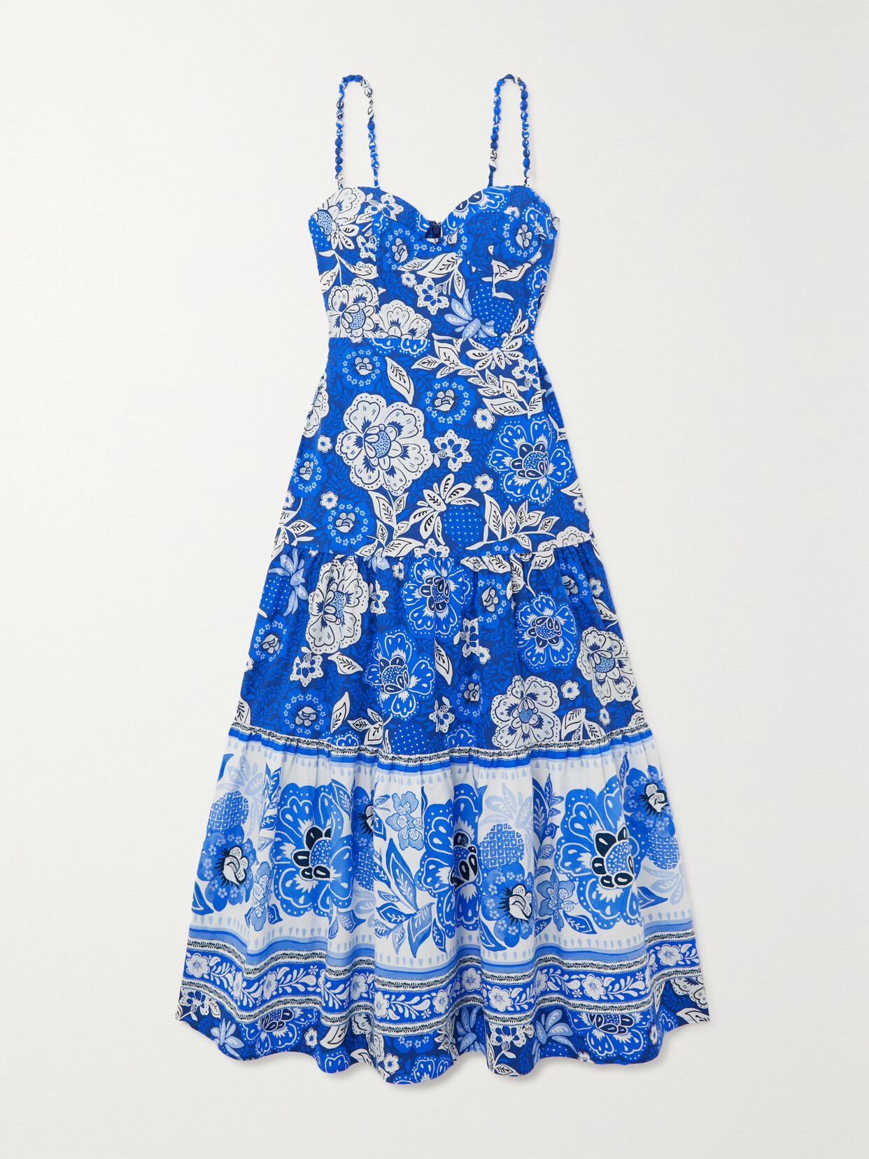 Shop Farm Rio Tiered Floral-print Cotton-poplin Midi Dress In Blue