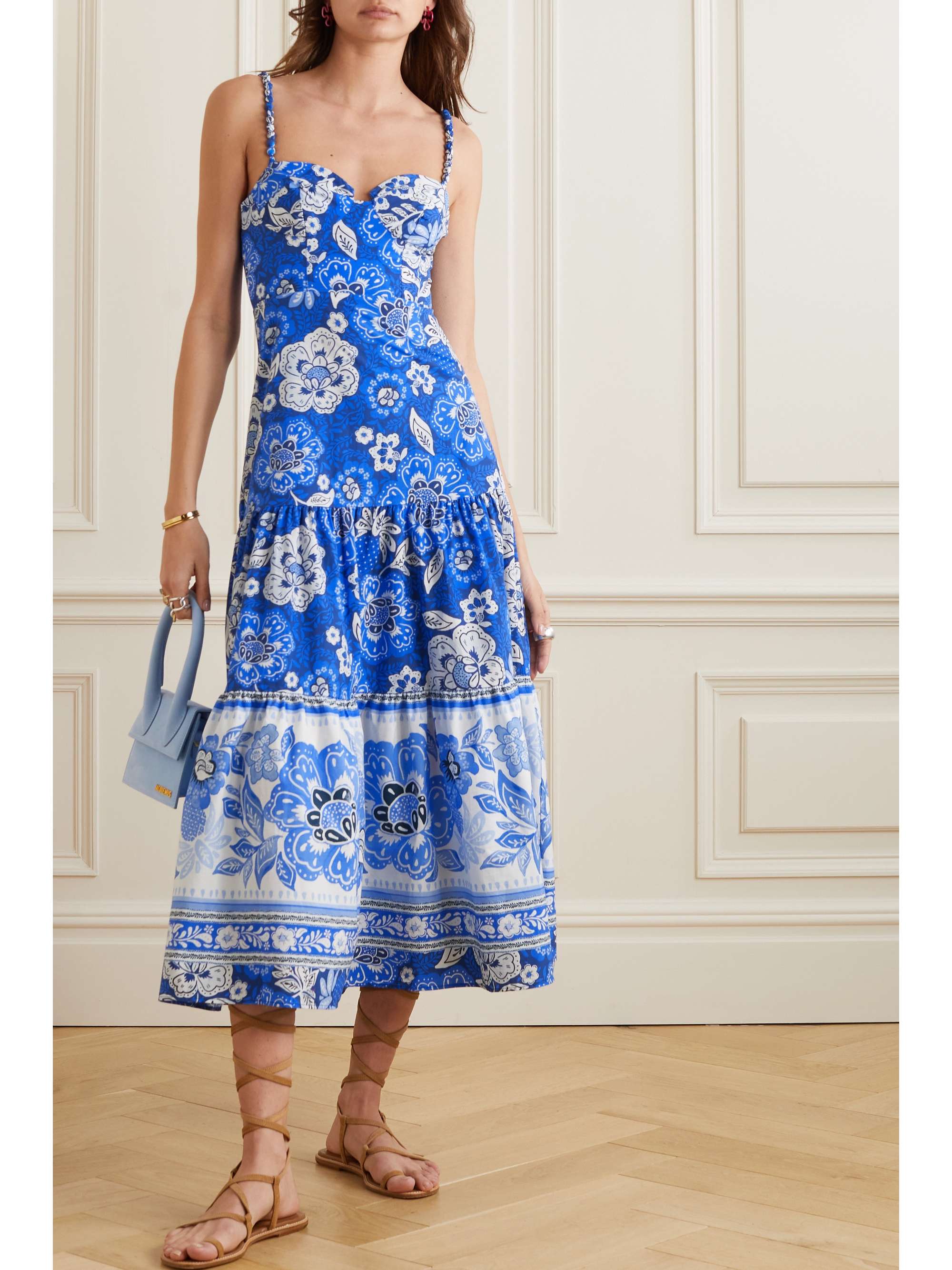 FARM RIO Tiered floral-print cotton-poplin midi dress