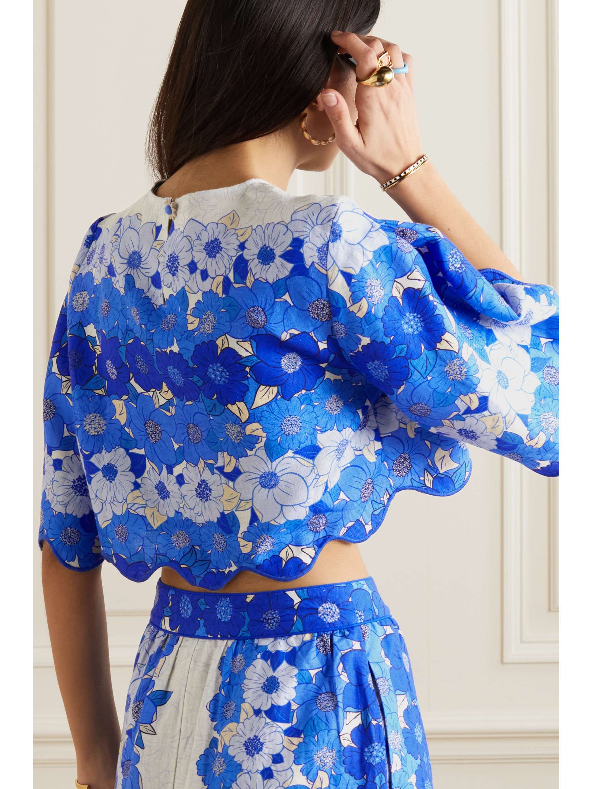 FARM RIO Cropped scalloped floral-print linen top