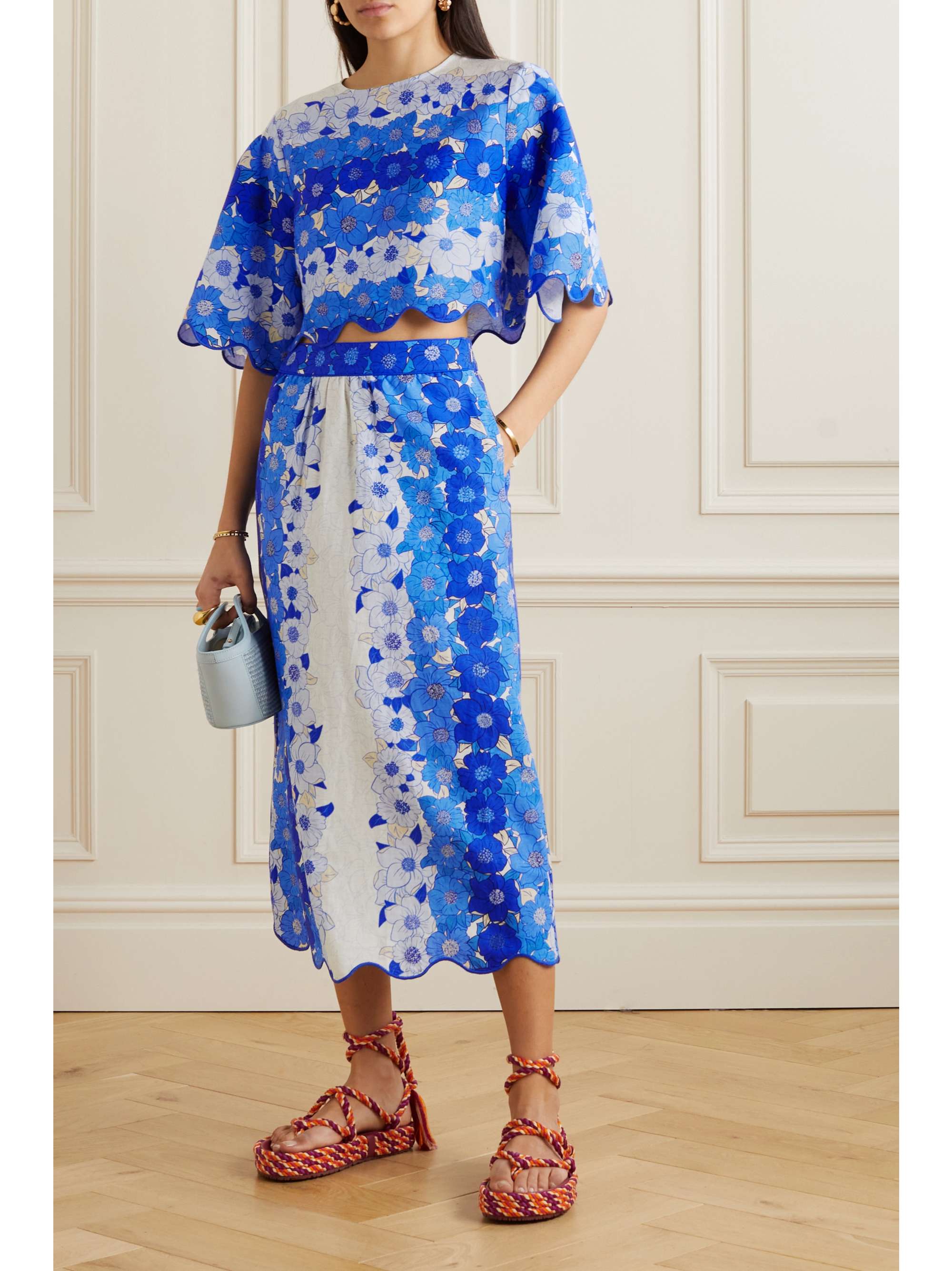 FARM RIO Scalloped floral-print linen-blend midi skirt