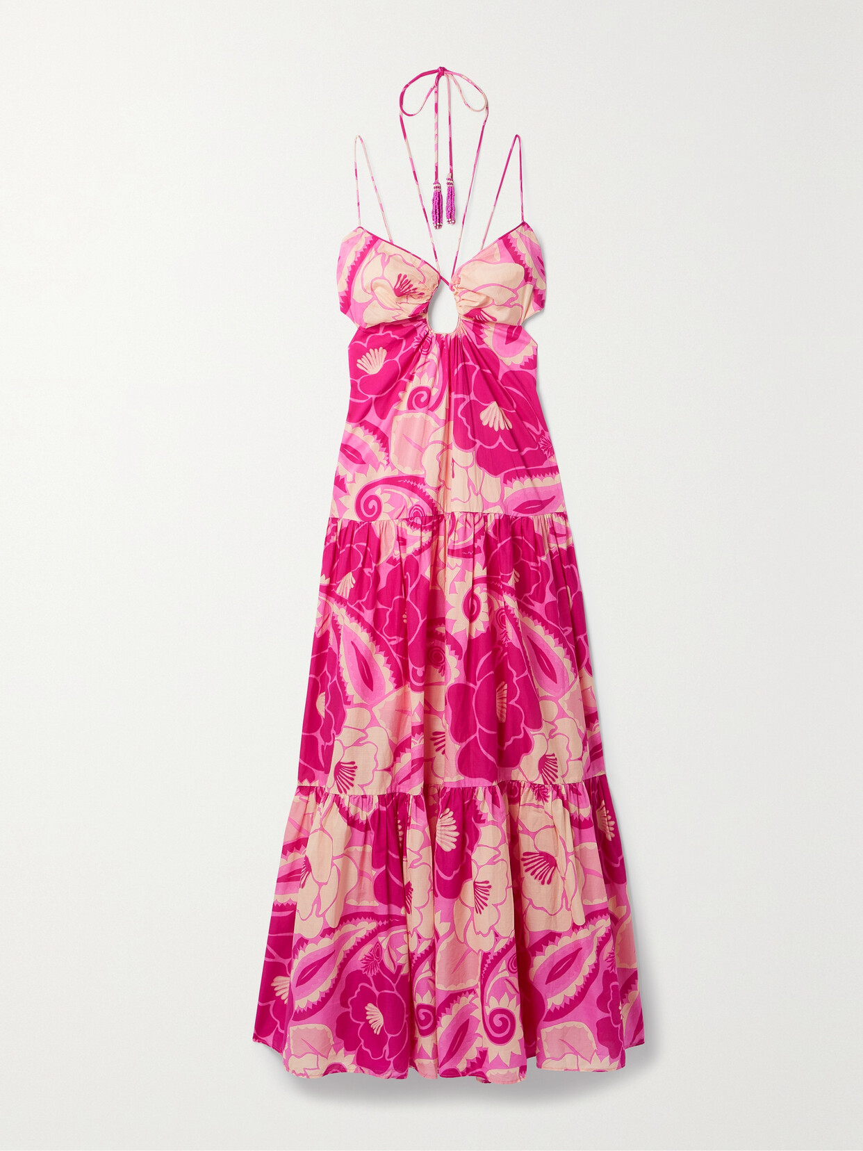 Farm Rio - Cutout Tiered Floral-print Cotton-voile Halterneck Maxi Dress - Pink