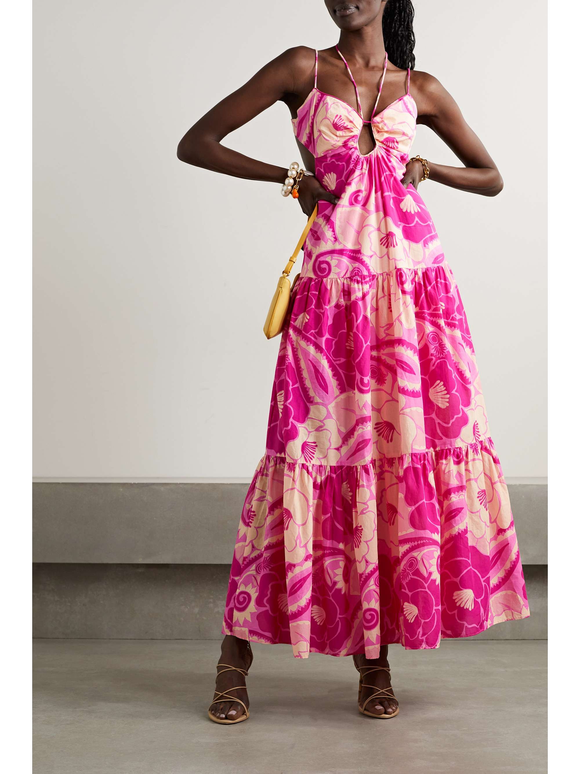 FARM RIO Cutout tiered floral print cotton voile halterneck maxi