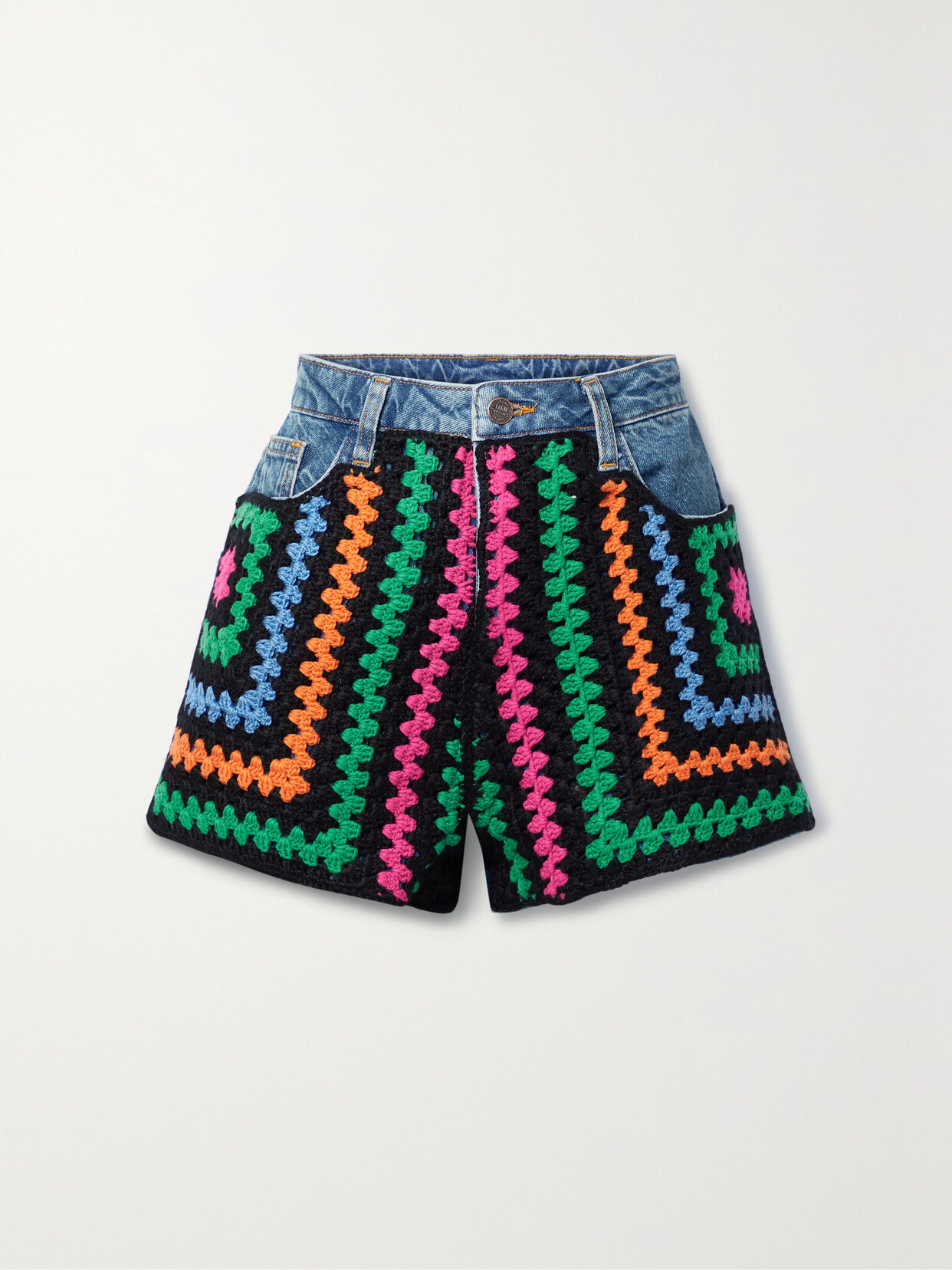 Farm Rio - Crochet-paneled Denim Shorts - Blue