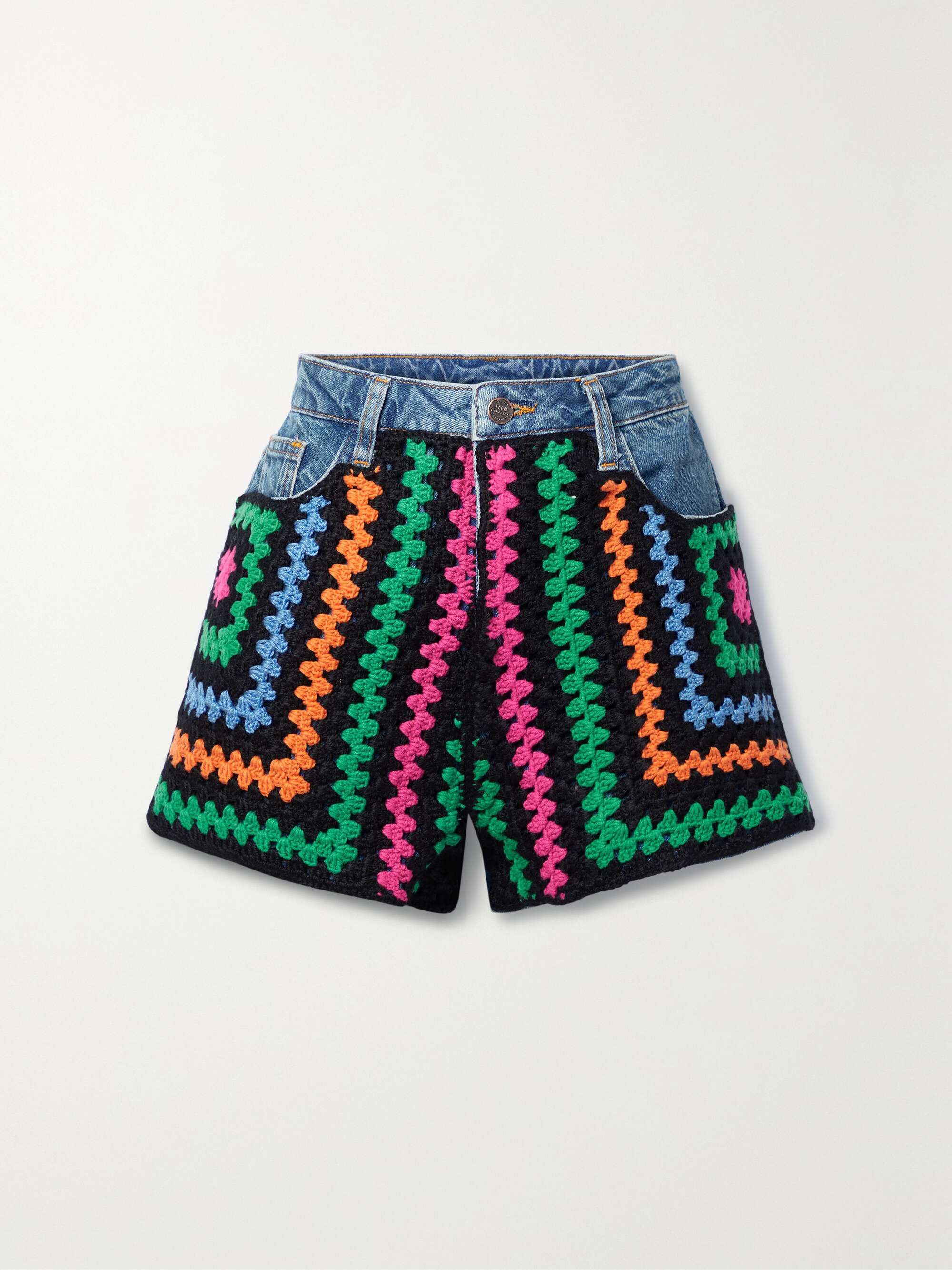 Crochet-paneled denim shorts