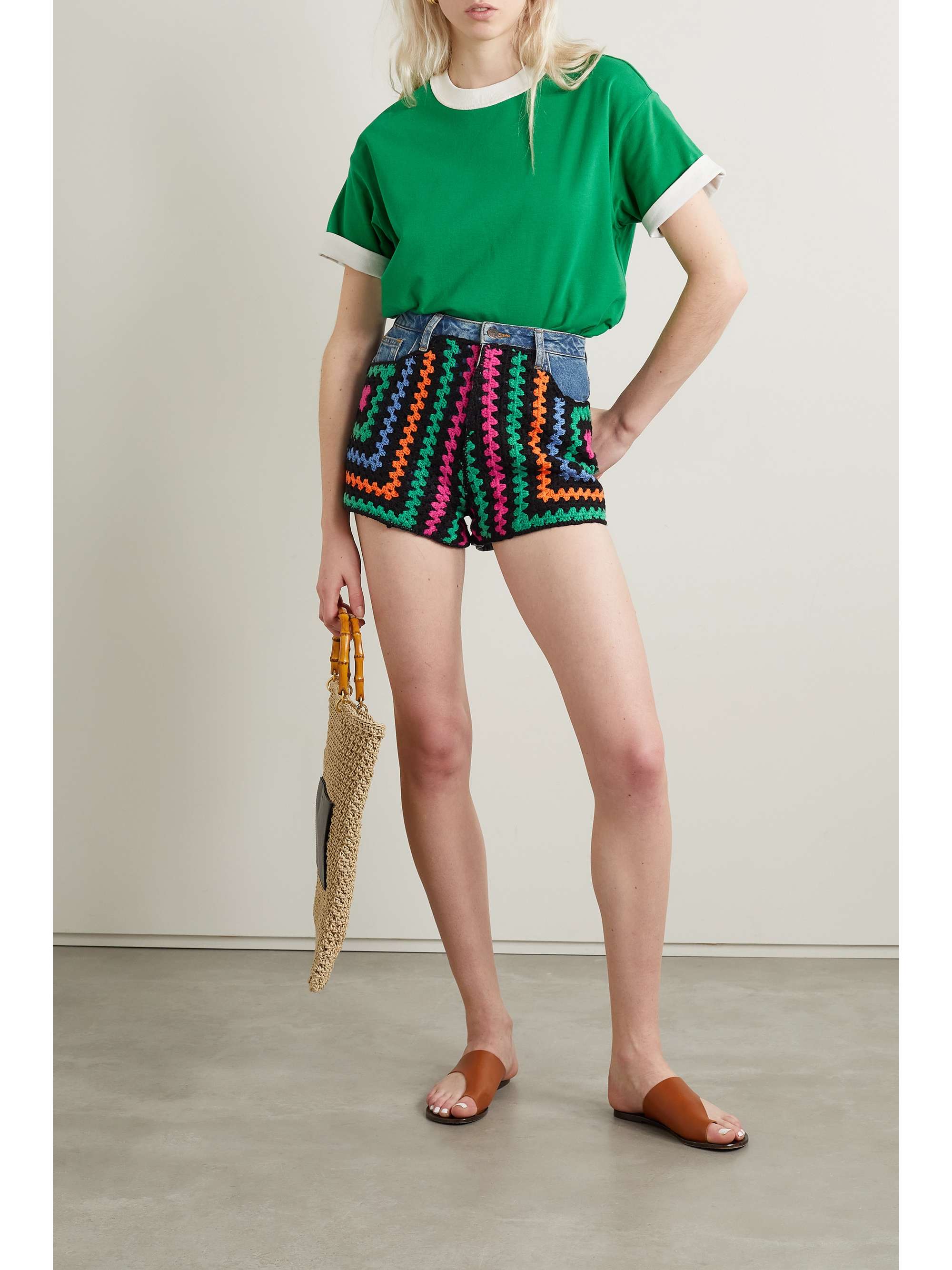 FARM RIO Crochet-paneled denim shorts