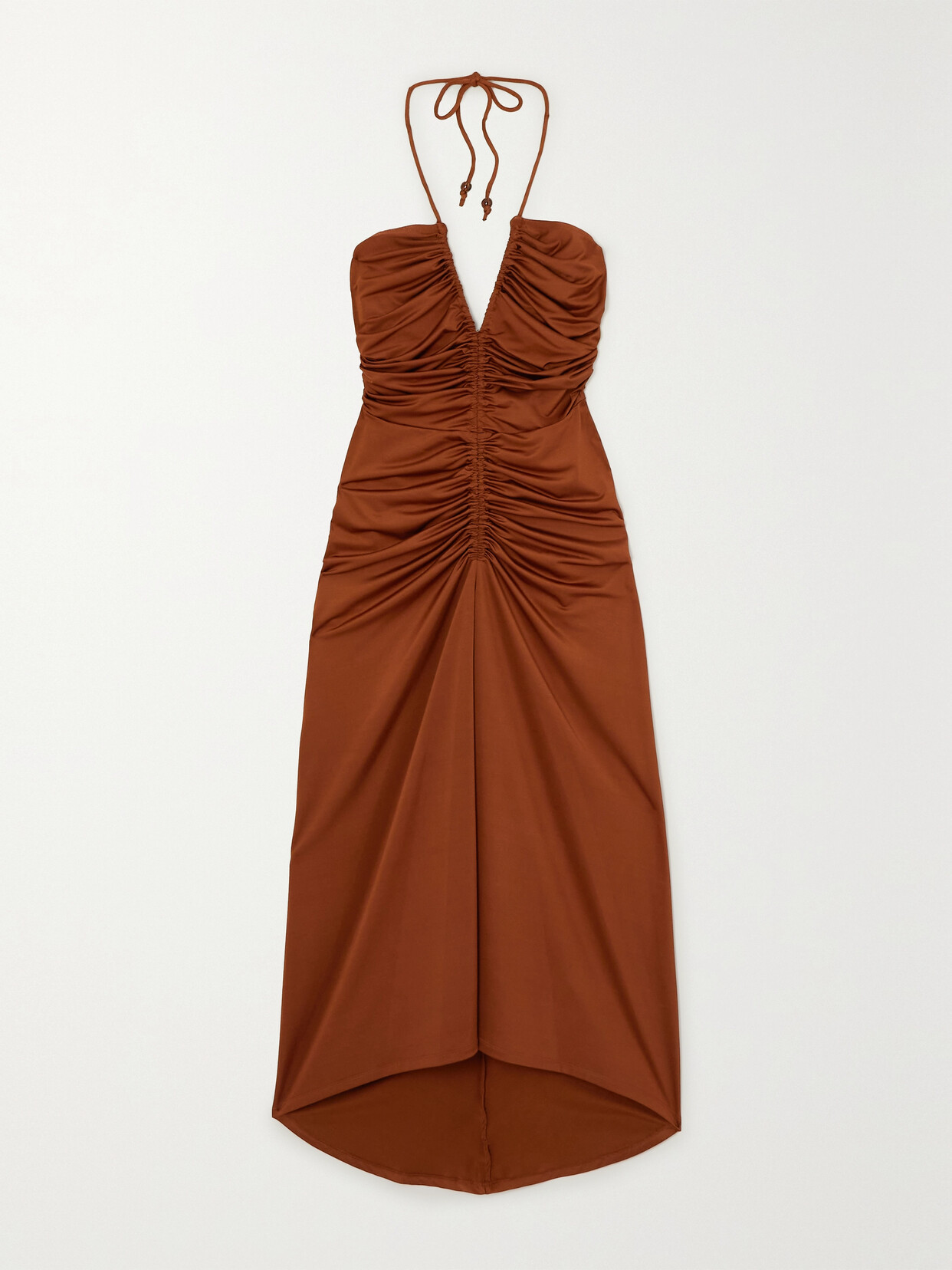 Veronica Beard Saskia Ruched Glossed-jersey Halterneck Dress - Brown