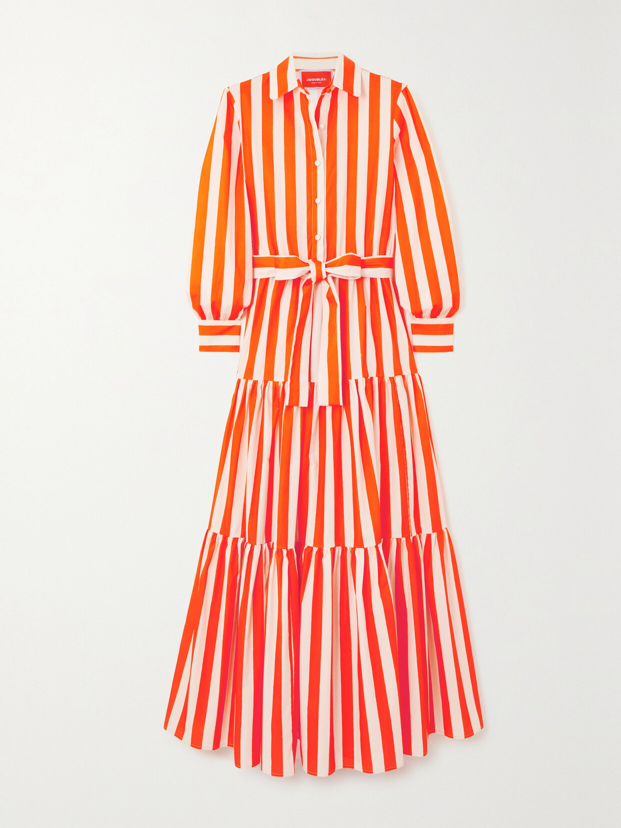 Shop La Doublej Bellini Tiered Striped Cotton-poplin Maxi Shirt Dress In Orange