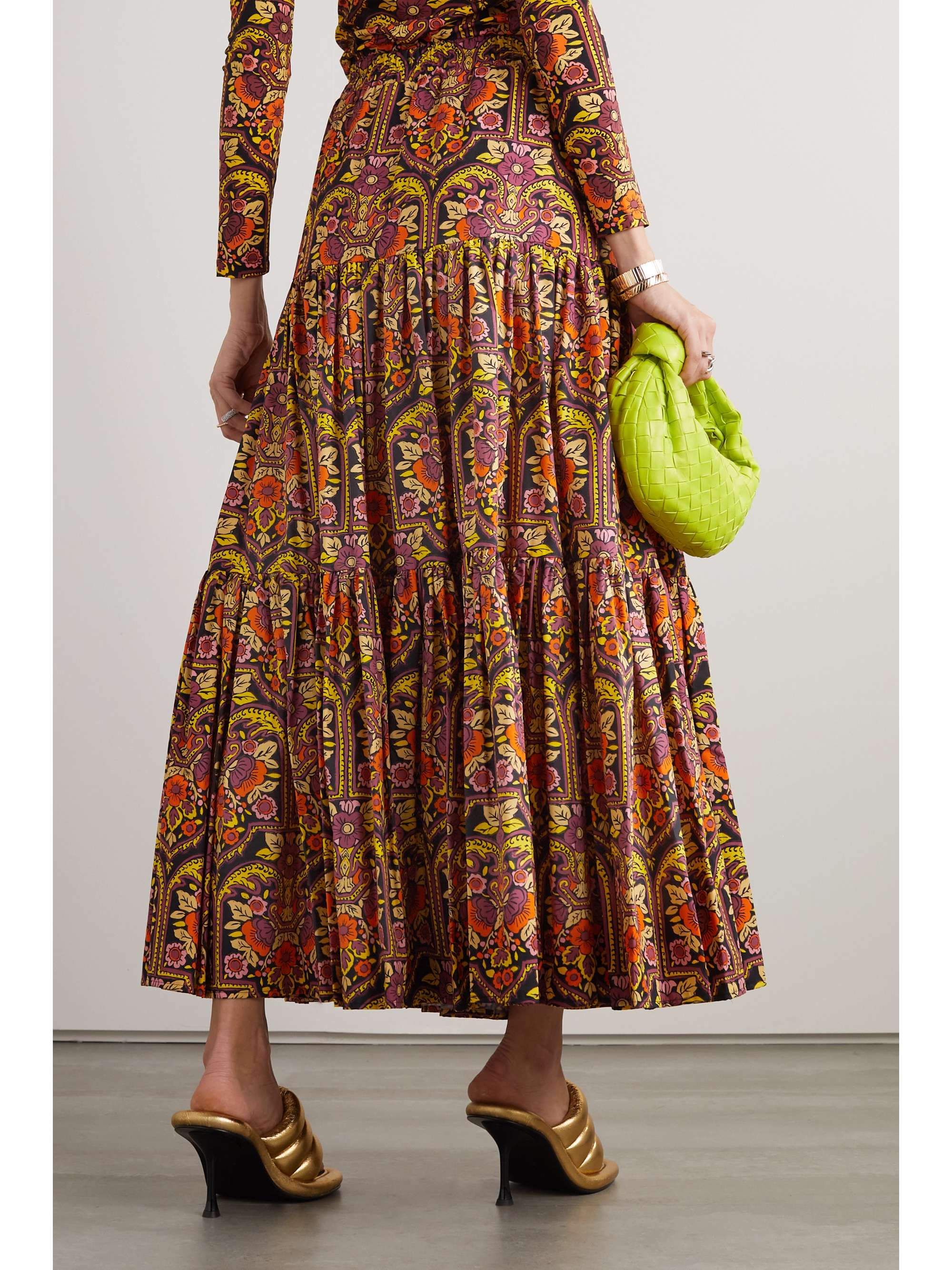 LA DOUBLEJ Tiered printed cotton-poplin maxi skirt