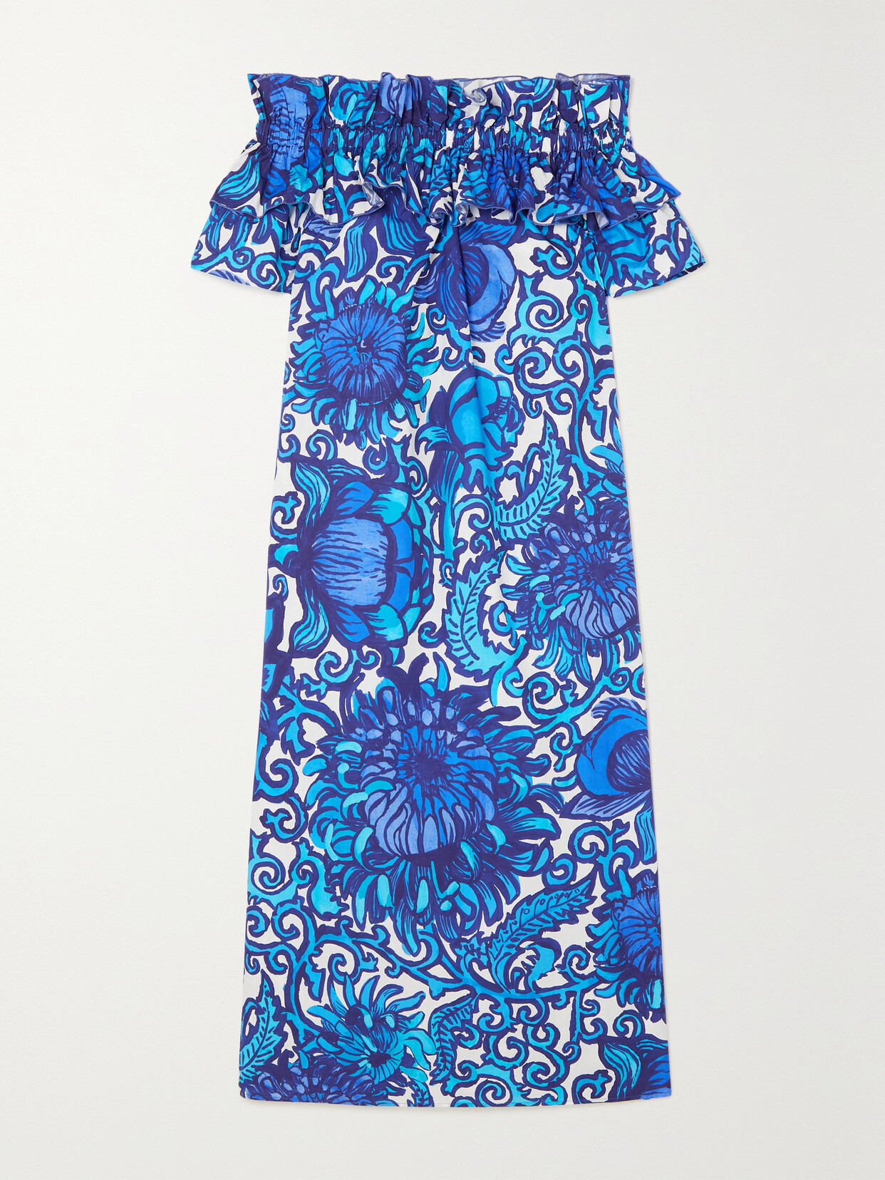 La DoubleJ - Breakfast Off-the-shoulder Printed Cotton-poplin Midi Dress - Blue