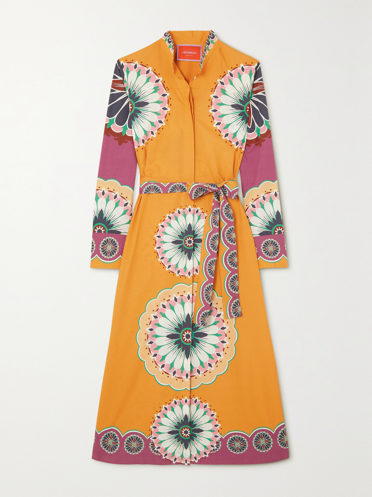 La Doublej Sundowner Belted Floral-print Cotton-poplin Midi Shirt Dress In Yellow