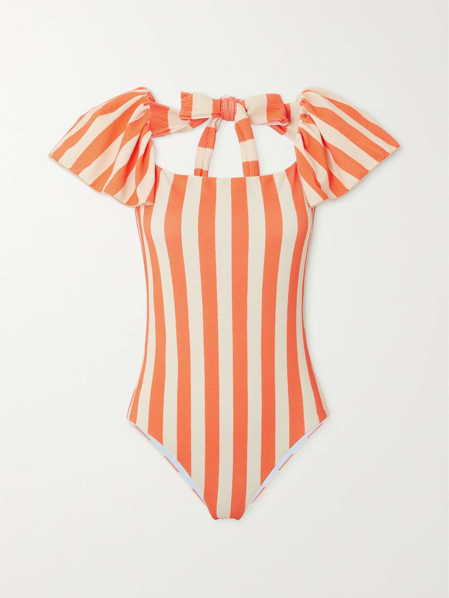 net-a-porter.com | Scarlett ruffled striped stretch-piqué swimsuit