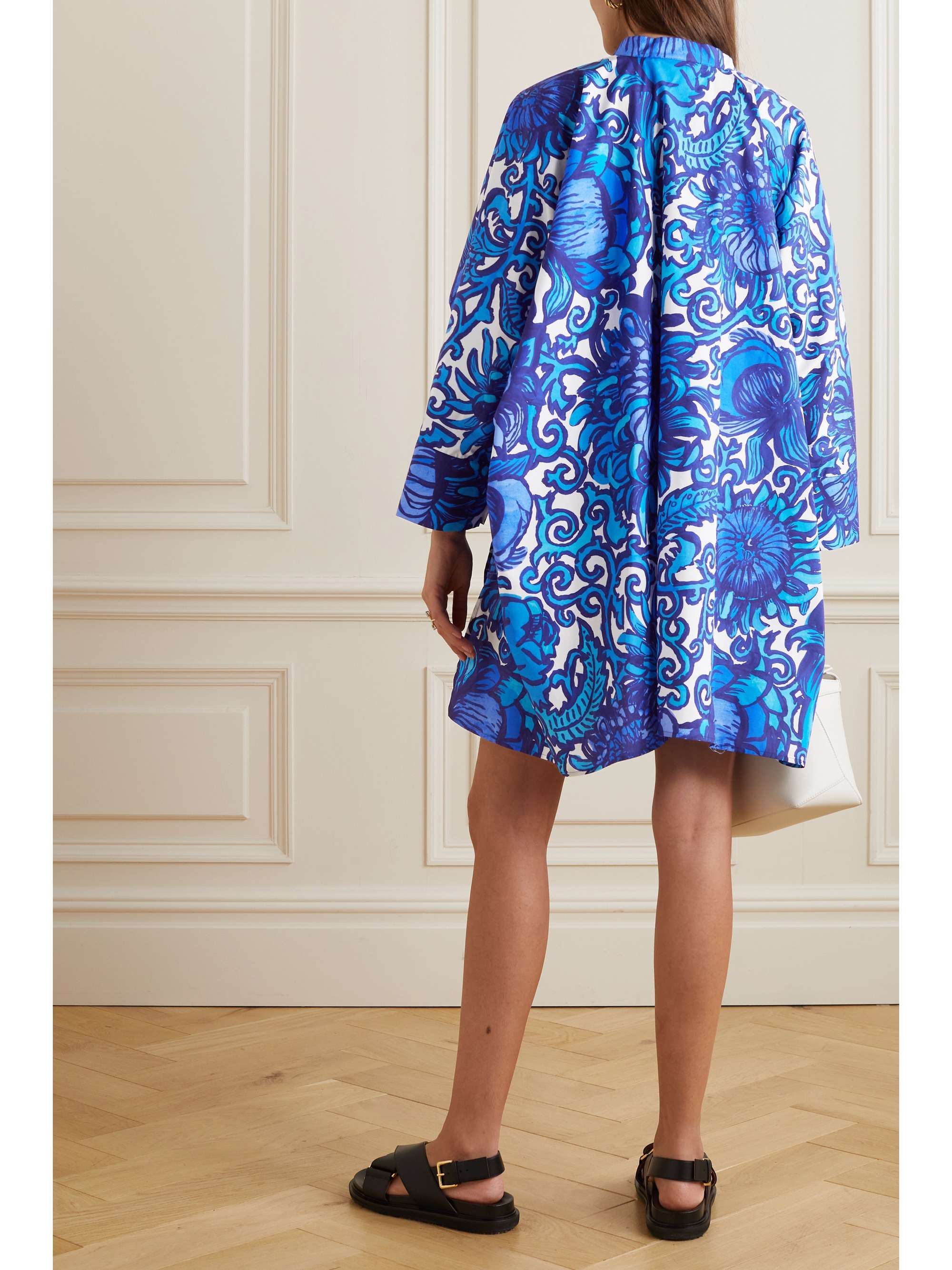 LA DOUBLEJ Belted floral-print cotton-poplin mini shirt dress
