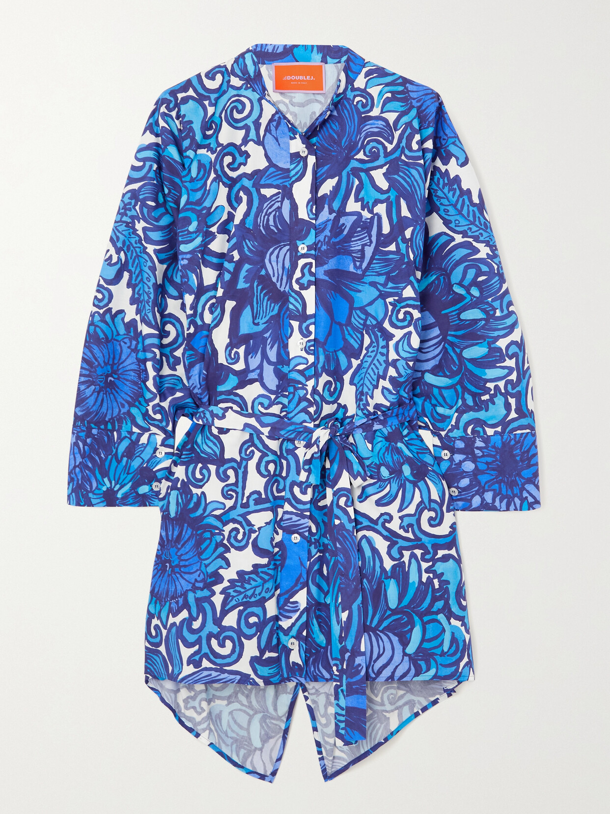 La DoubleJ - Belted Floral-print Cotton-poplin Mini Shirt Dress - Blue