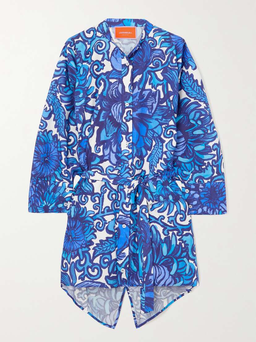 La DoubleJ Belted Floral-print Cotton-poplin Mini Shirt Dress
