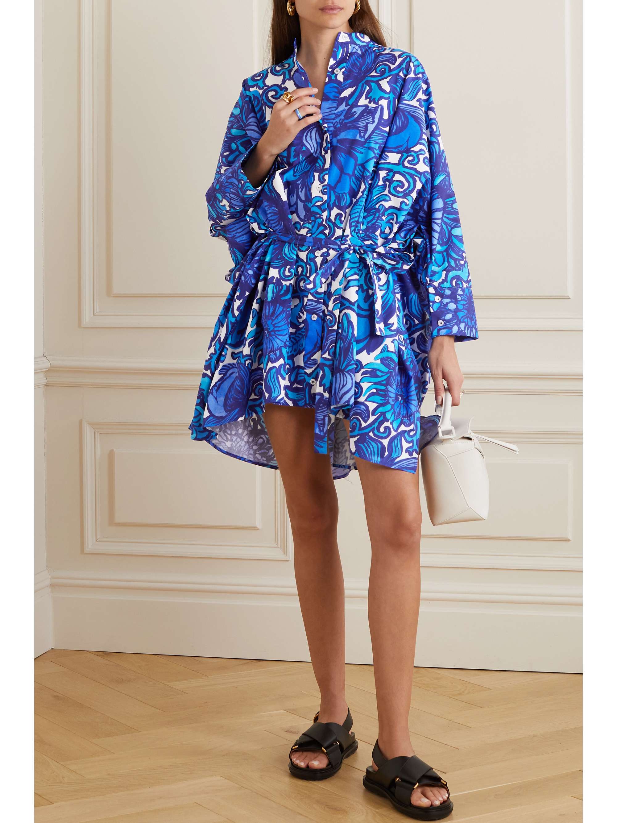 LA DOUBLEJ Belted floral-print cotton-poplin mini shirt dress