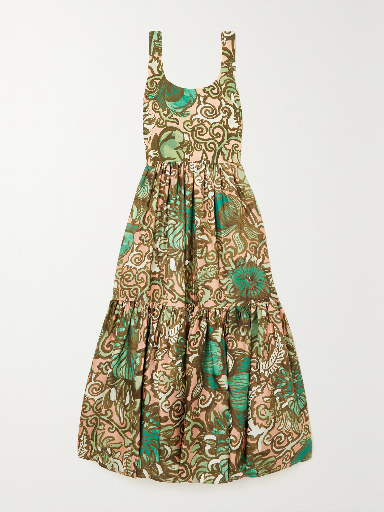 La Doublej Capri Tiered Printed Silk-blend Twill Midi Dress In Green